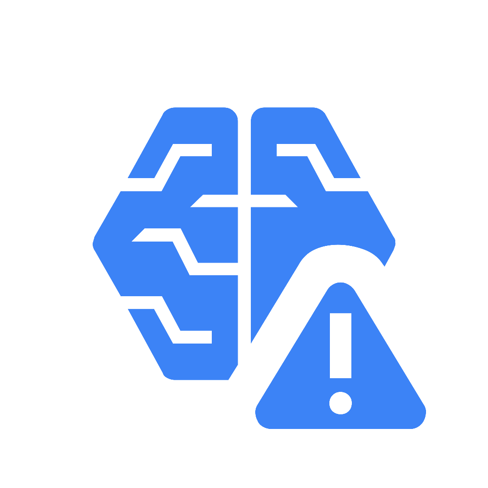 A stylized blue and black abstract geometric logo resembling a brain and a warning sign with an exclamation mark, indicating a potential caution or alert related to mental health or technology.