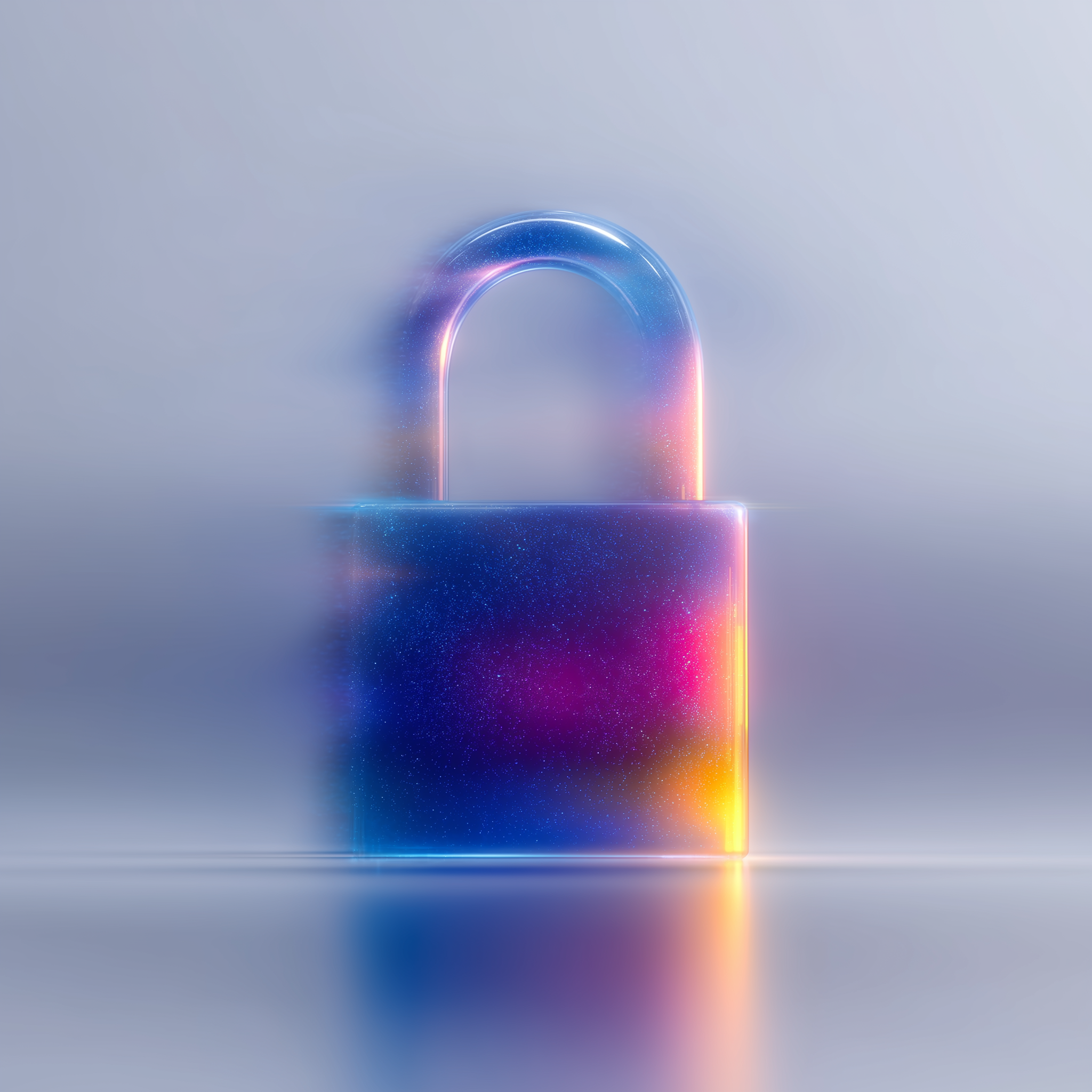 A glowing, futuristic padlock with a holographic, iridescent surface reflecting rainbow colors, set against a soft, blurred background.
