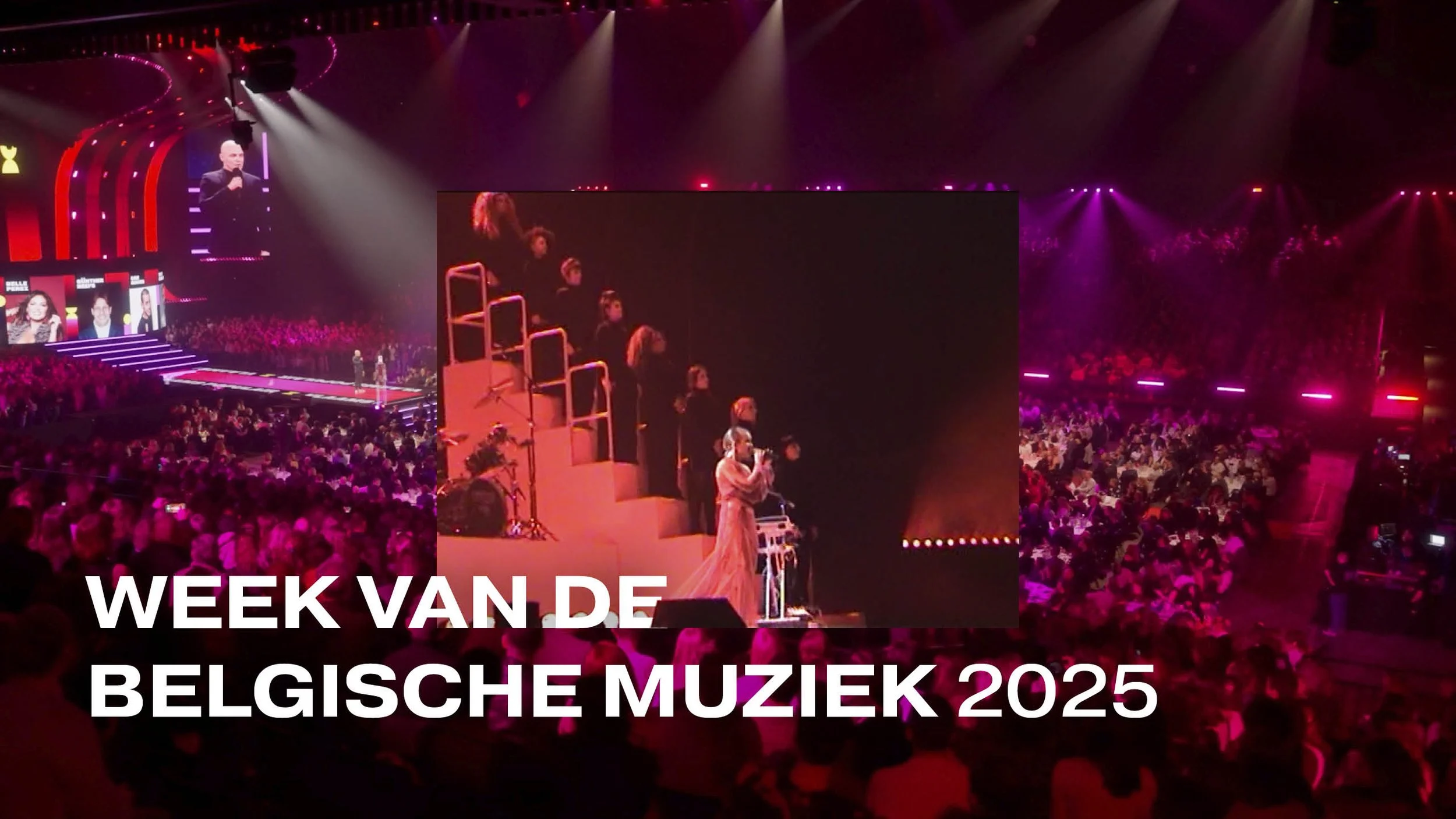 A crowded theater with pink and purple lighting, showing an award ceremony stage and a large screen. Pommelien Thijs on Stage. 