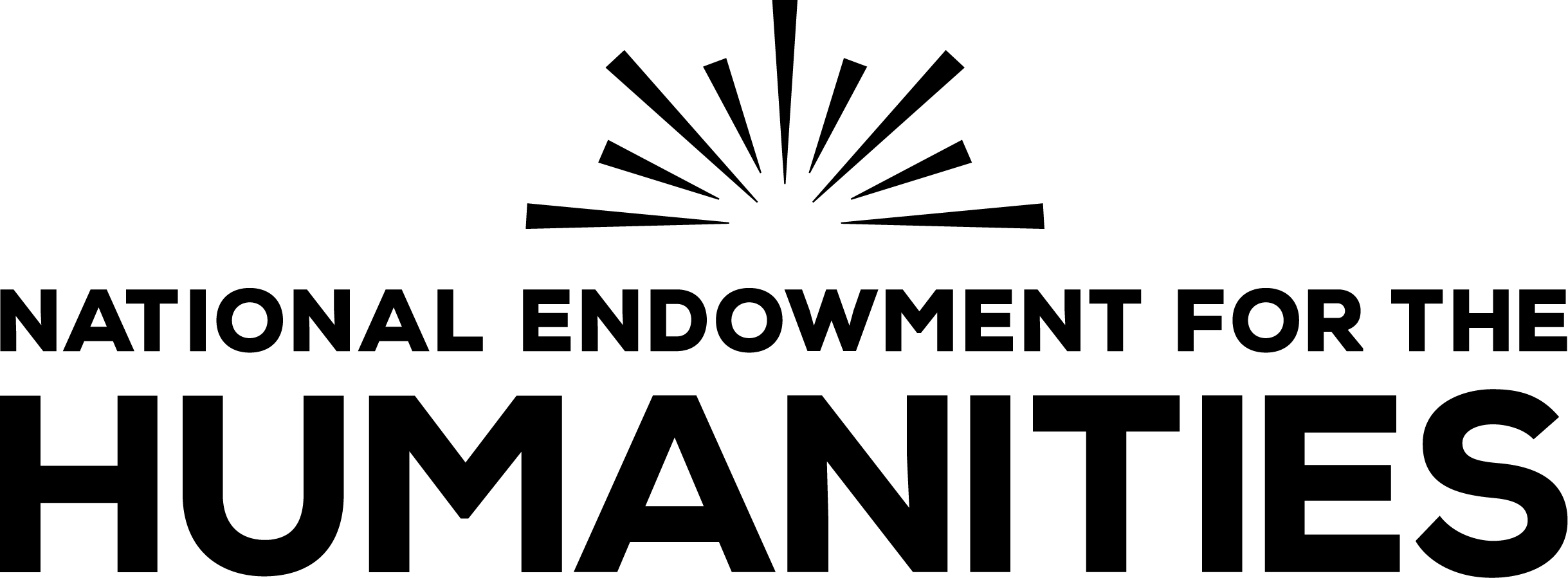National Endowment for the Humanities logo in black and white. Bold letters of different sizes with diagonal lines on top