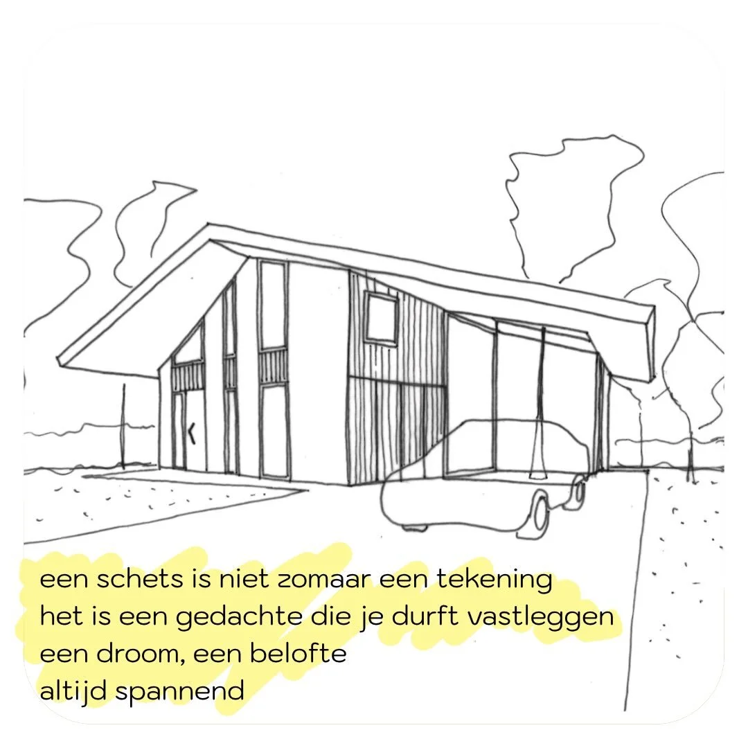 Een schets is niet gewoon een tekening. Het is een gedachte die je durft vastzetten. Een belofte. 

Altijd spannend. 😉

Asymmetrisch dak, uitnodigende luifel, auto al in het beeld. Een ontwerp dat leeft en je meeneemt in hoe je thuis zal komen. 

Pl