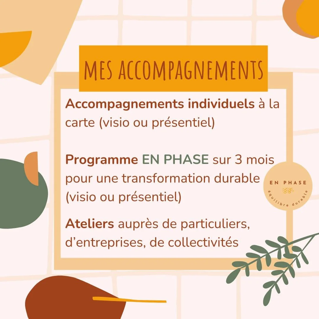 Parce que le changement durable se construit pas &agrave; pas, j&rsquo;ai cr&eacute;&eacute; un accompagnement pens&eacute; pour toi.

Programme EN PHASE
💫 Sur 3 mois : 5 consultations (visio ou pr&eacute;sentiel)
💬 Un suivi continu gr&acirc;ce &ag