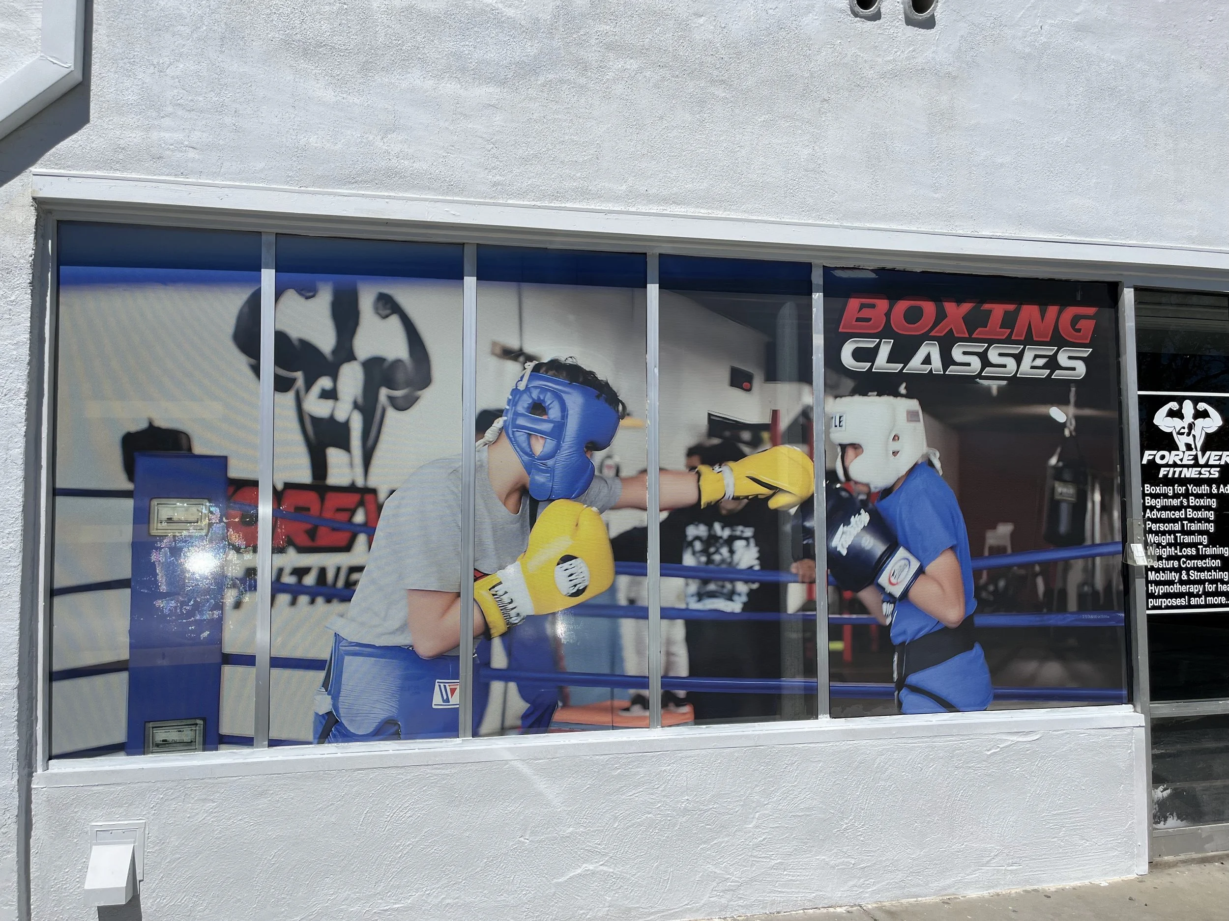 Boxing gym window display with images of children sparring and practicing boxing, with signs reading 'BOXING CLASSES' and details of the training programs.