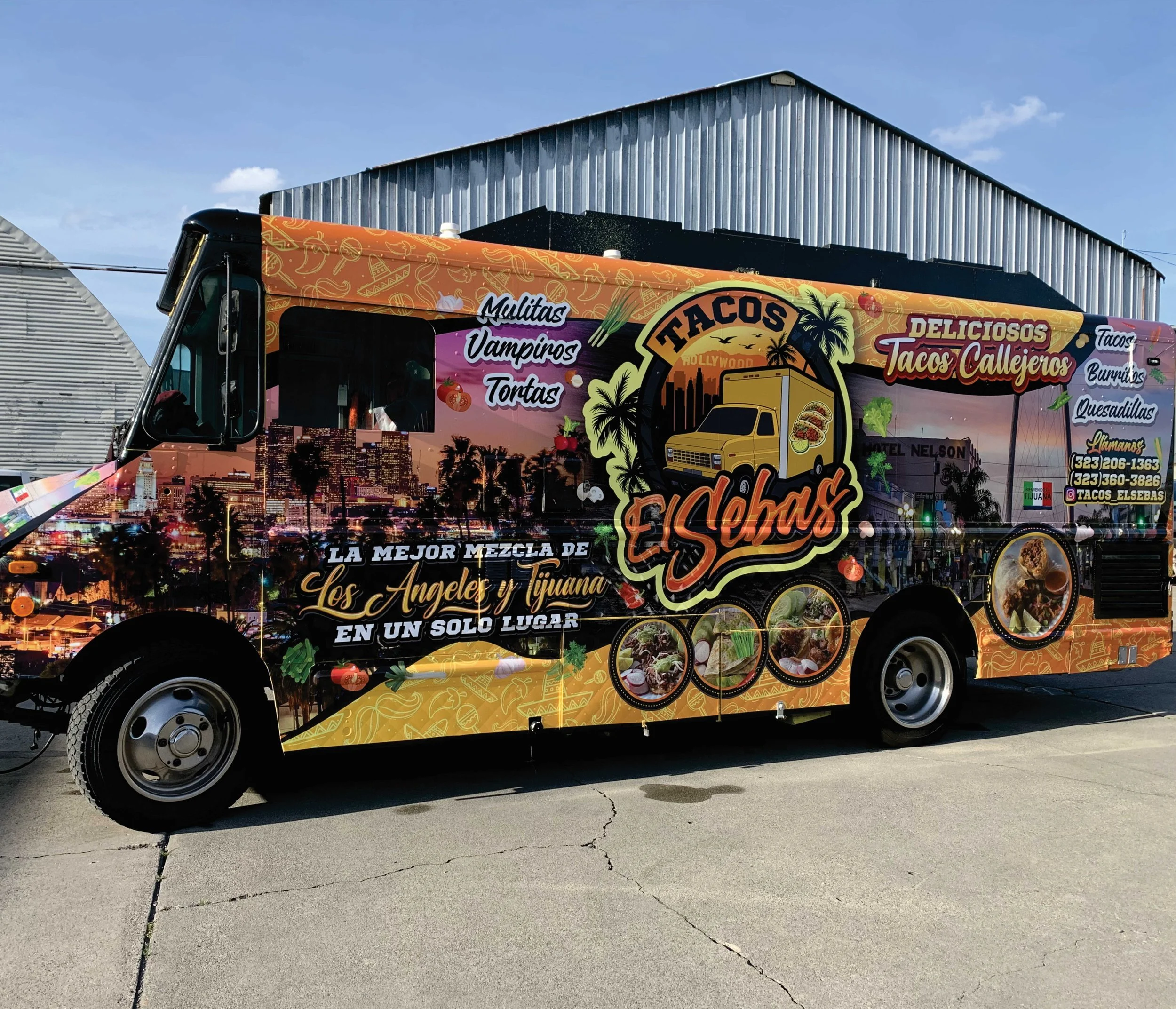 Food truck with colorful advertising for tacos, featuring images of tacos and other Mexican dishes, city skyline background, and contact information.