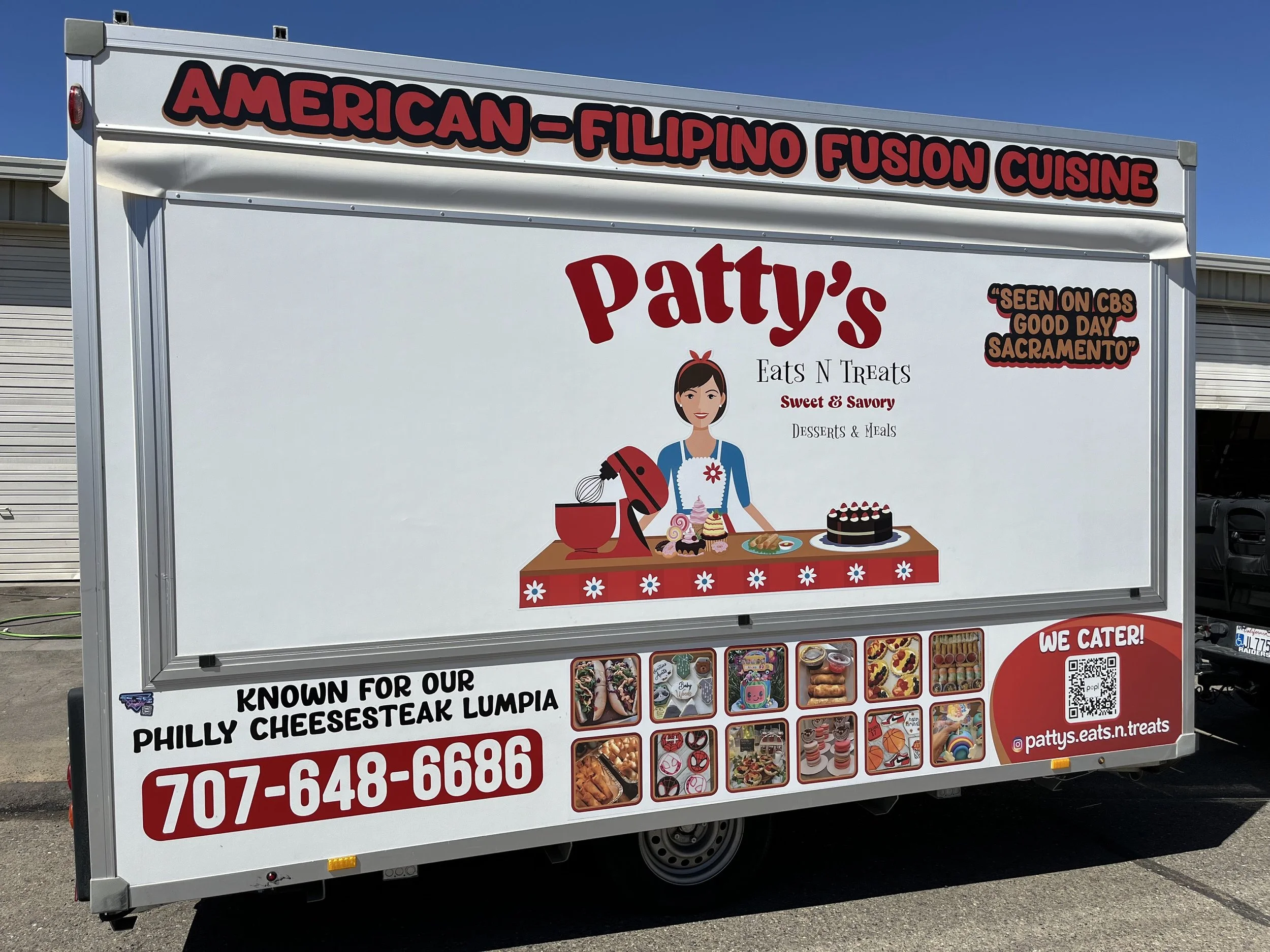 Food truck advertising American-Filipino fusion cuisine, with a cartoon illustration of a woman in a kitchen with baked goods and desserts, phone number 707-648-6686, and social media handle @pattys.eats.n.treats.