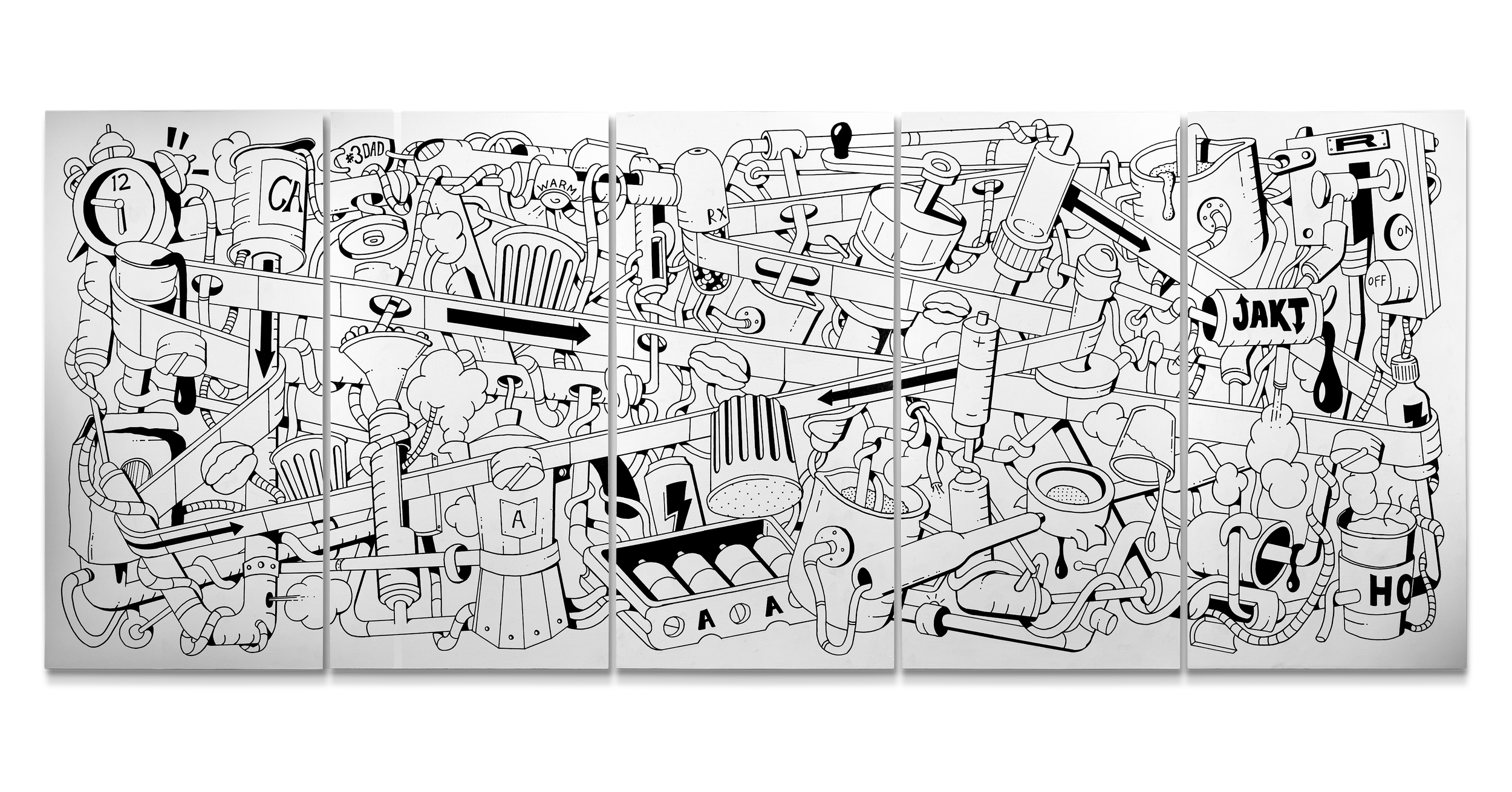 Original 10' by 4' acrylic on wood panel black and white painting of an impossible caffeine machine. A commentary on society's reliance on stimulation in all it's messy forms created by contemporary artist rodley sungrifter