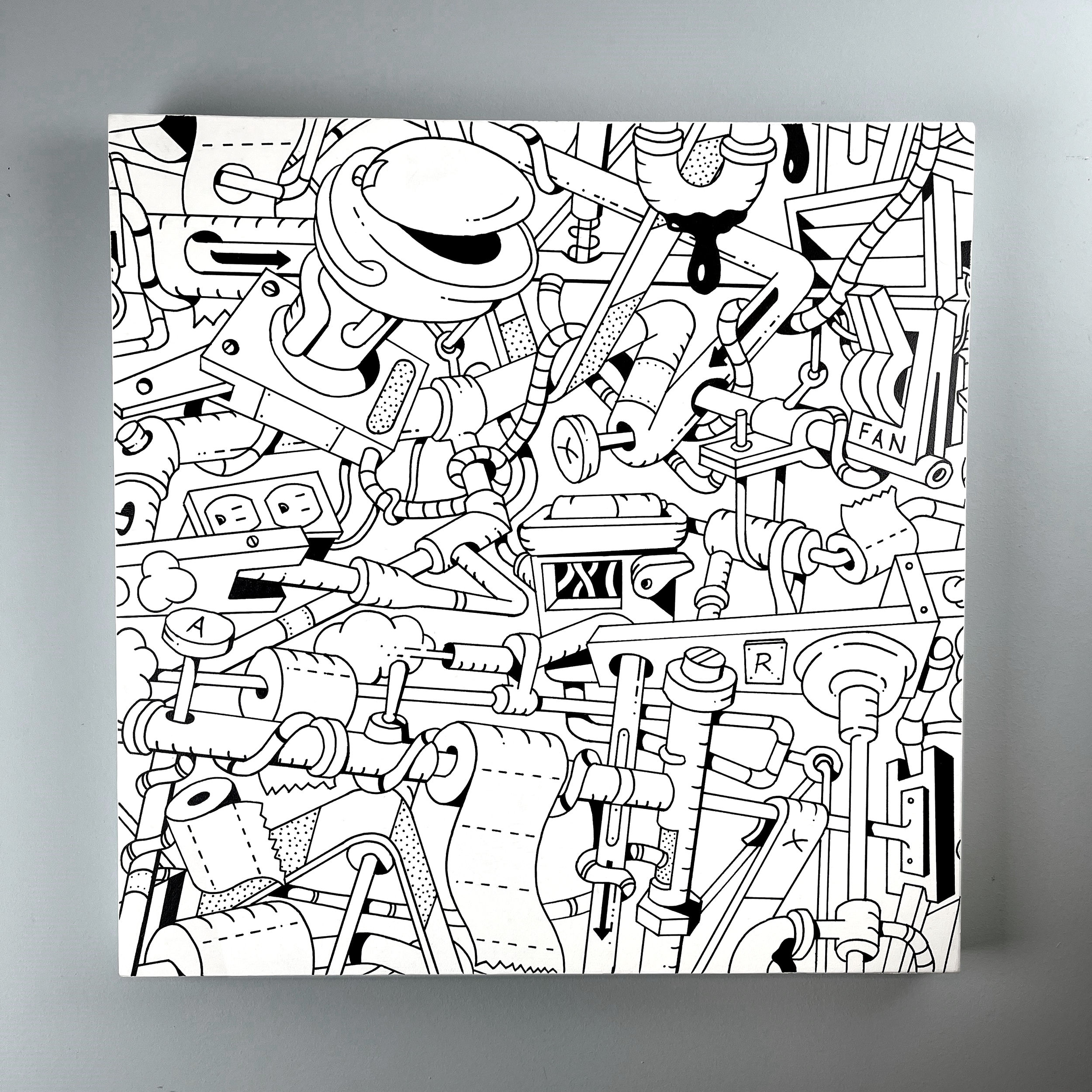 Original 2' by 2' acrylic on wood panel black and white painting of an improbable plumbing orientation. Black and white painting by contemporary artist rodley sungrifter