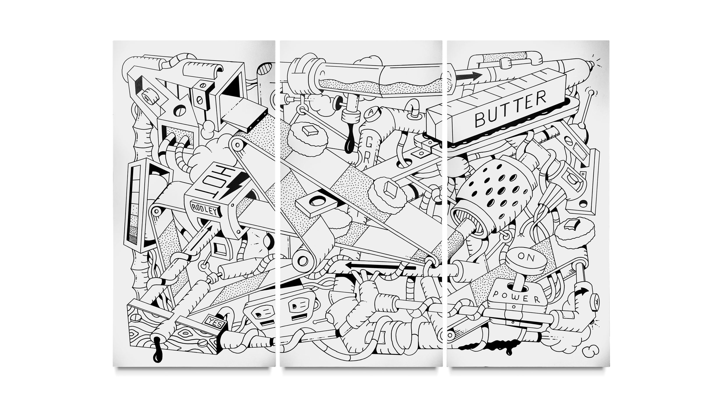 6' by 4' acrylic on wood panel painting by contemporary artist rodley sungrifter. Drawing of the most complicated way to make a biscuit to explore and celebrate the long way around.