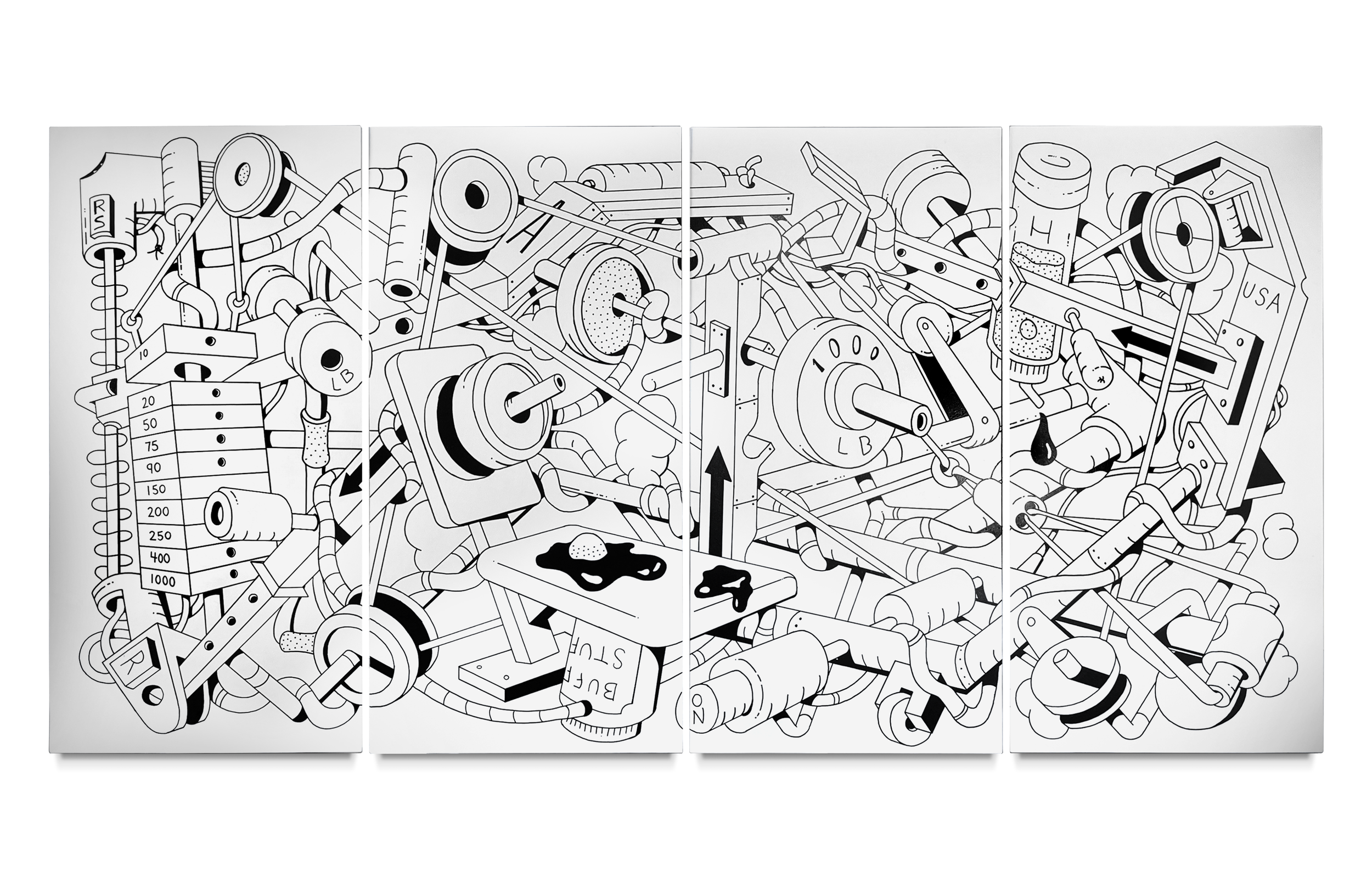 How one might get swole by contemporary artist rodley sungrifter depicts an impossible workout machine to get impossibly swole