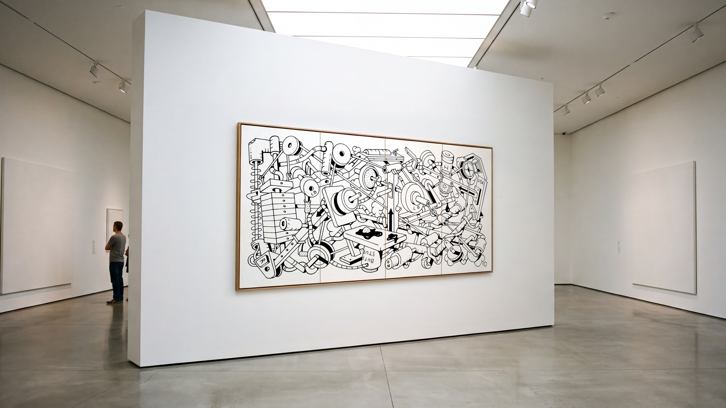 How one might get swole by contemporary artist rodley sungrifter depicts an impossible workout machine to get impossibly swole in a modern art gallery setting