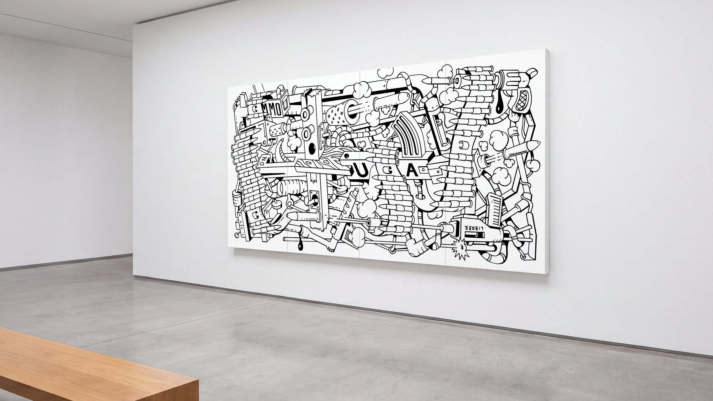 Thanks alot, Jesus is a large acrylic on wood panel painting consisting of black and white illustration, alot of bullets encircling something that looks kind of like a cross in a modern gallery setting