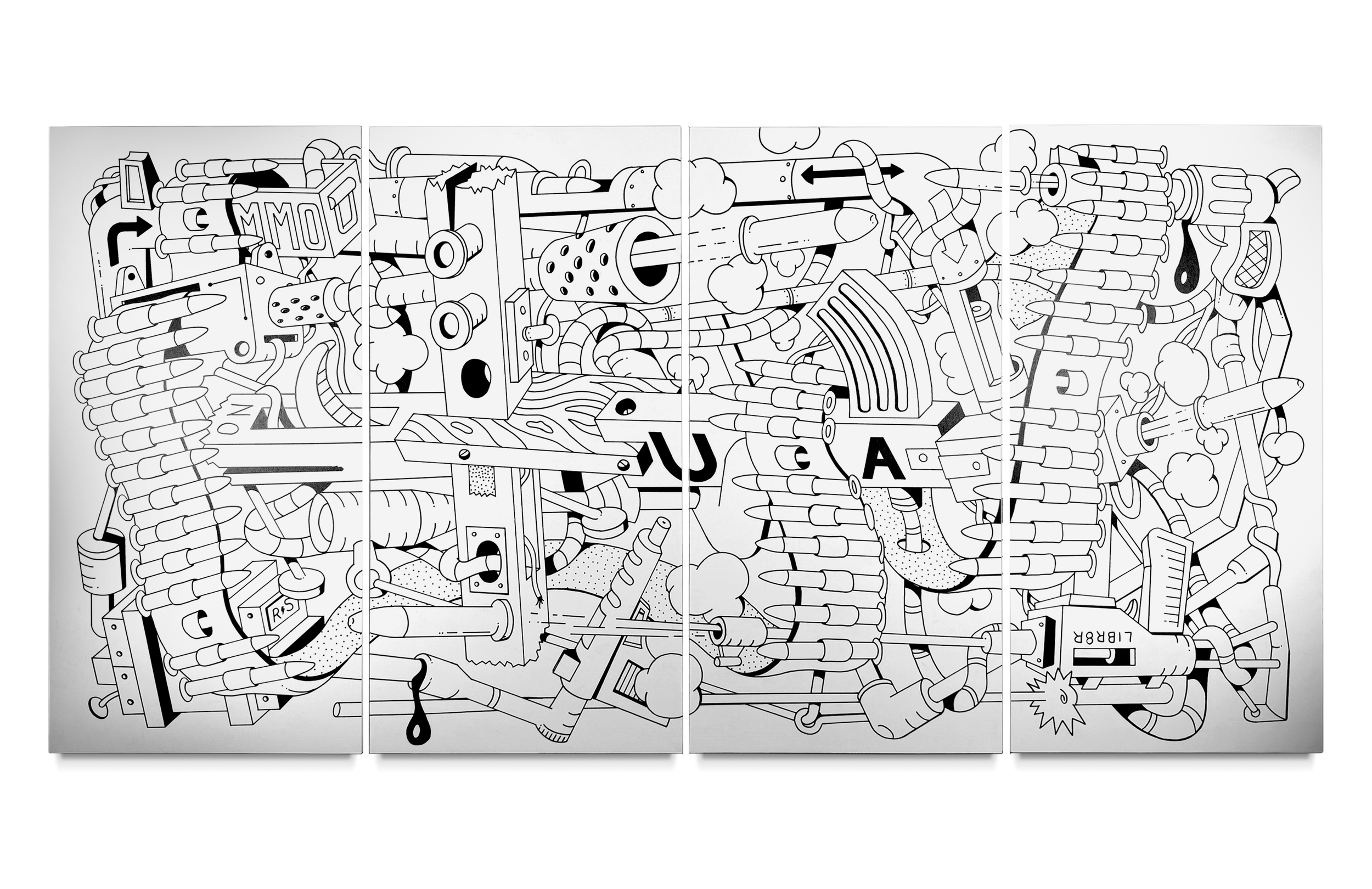 Thanks alot, Jesus is a large acrylic on wood panel painting consisting of black and white illustration, alot of bullets encircling something that looks kind of like a cross