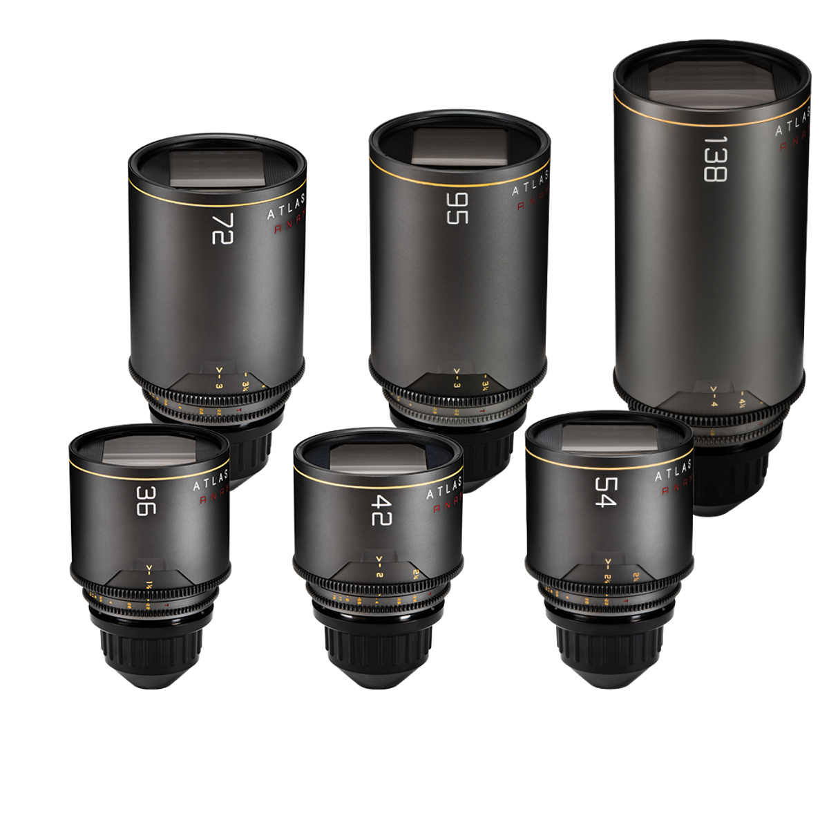 Six Atlas Mercury Anamorphic camera lenses of labeled with focal lengths, arranged in two rows against a plain background.