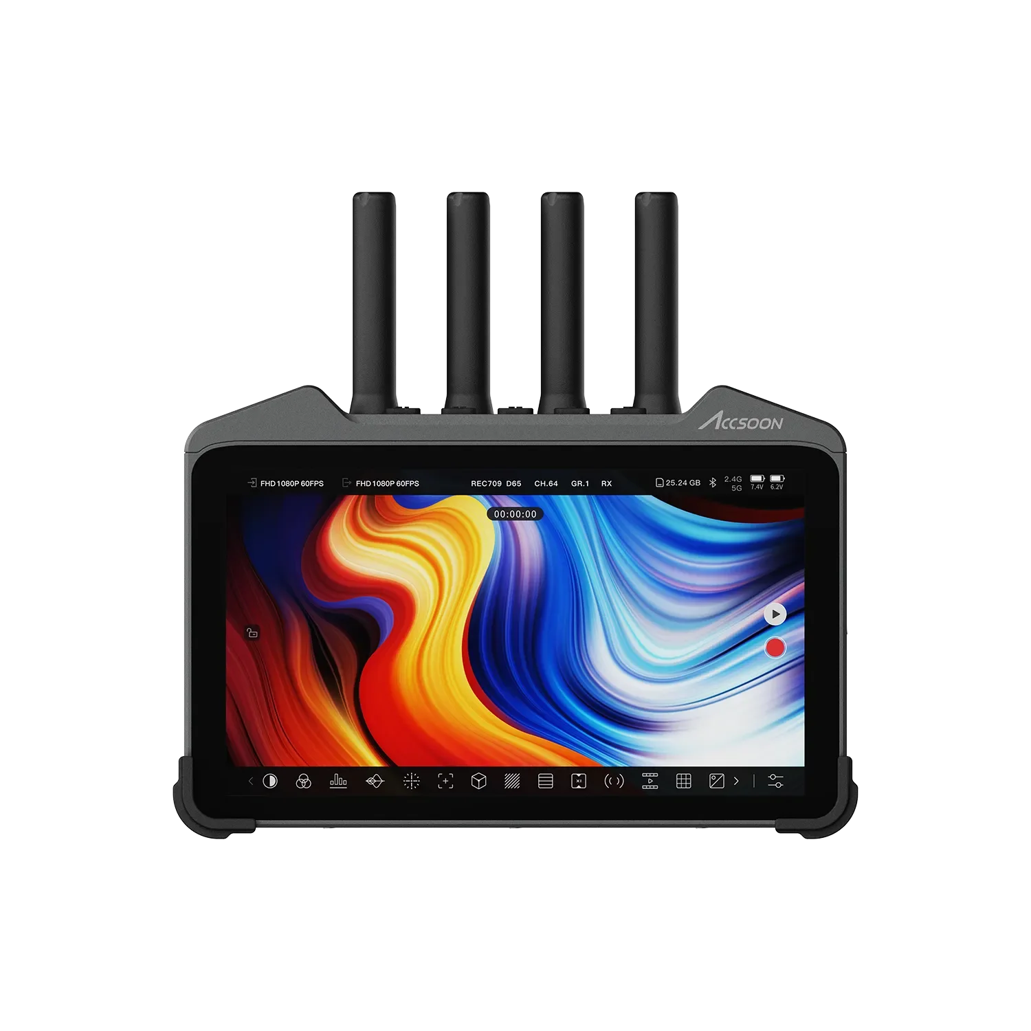 Accsoon M7 Pro Monitor with large touchscreen display, four antennas on the top, and a gray body. The screen shows a colorful abstract background with icons and controls.