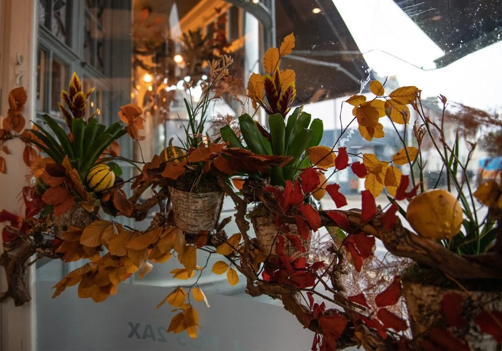 Autumn-themed display of potted plants with orange, yellow, and red leaves, on a window ledge.