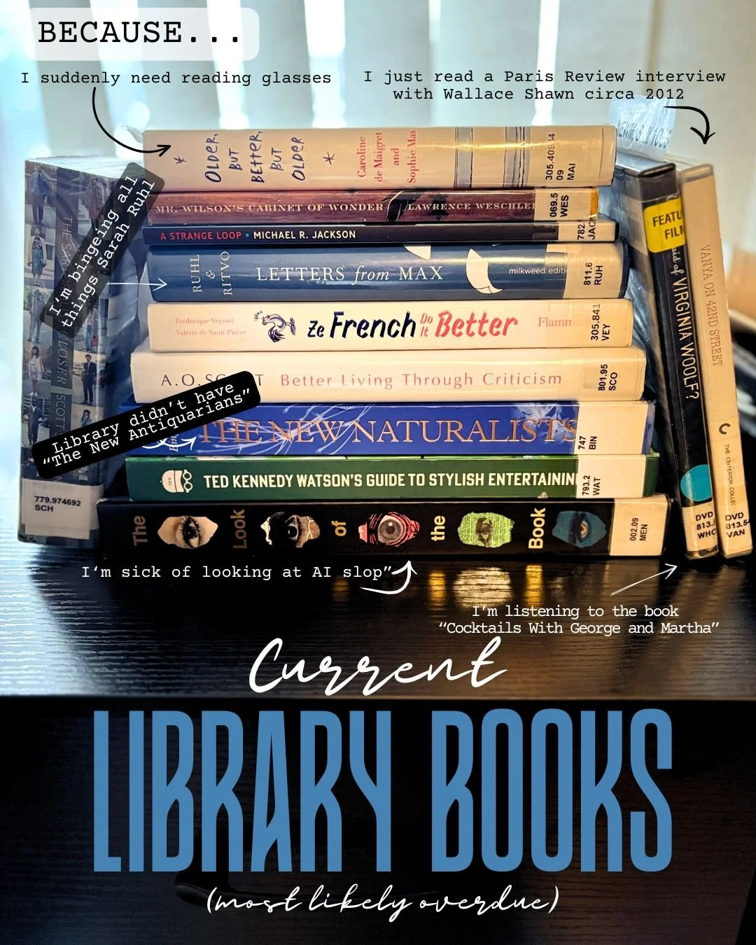 This is overdue but I&rsquo;m attempting to jump back into What I&rsquo;m Reading Wednesday, so let&rsquo;s begin with the books I currently have out from the library.

Will I finish all of them? Goodness no.

Will I skim, wander, abandon, return, an