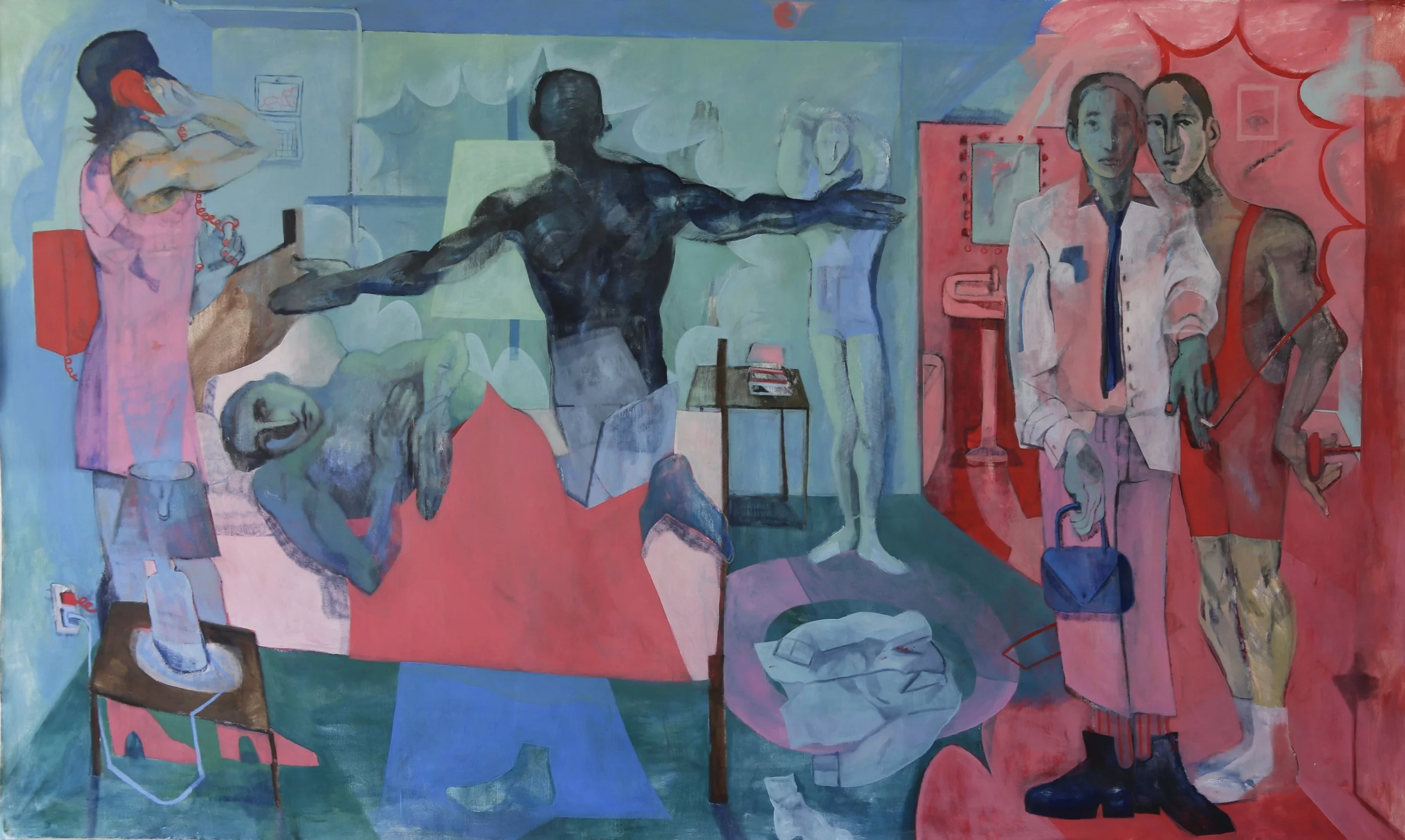Residents by Hotel Staff at Hotel Shame (Last Night's Dream), 6 x 9 ft, oil on canvas, 2025