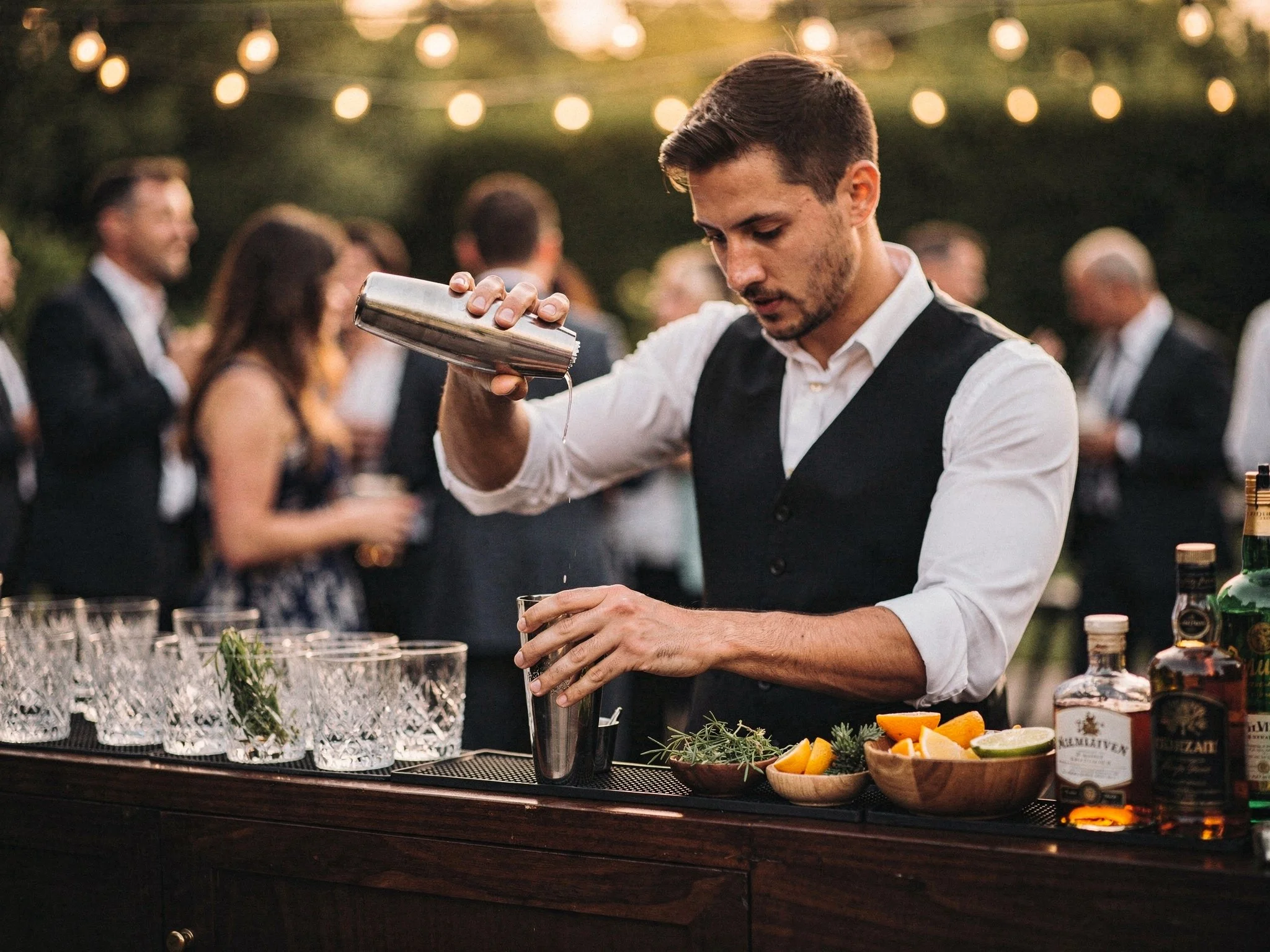A bartender in a white shirt and vest shakes a cocktail at an outdoor private event bar lit by string lights in the evening