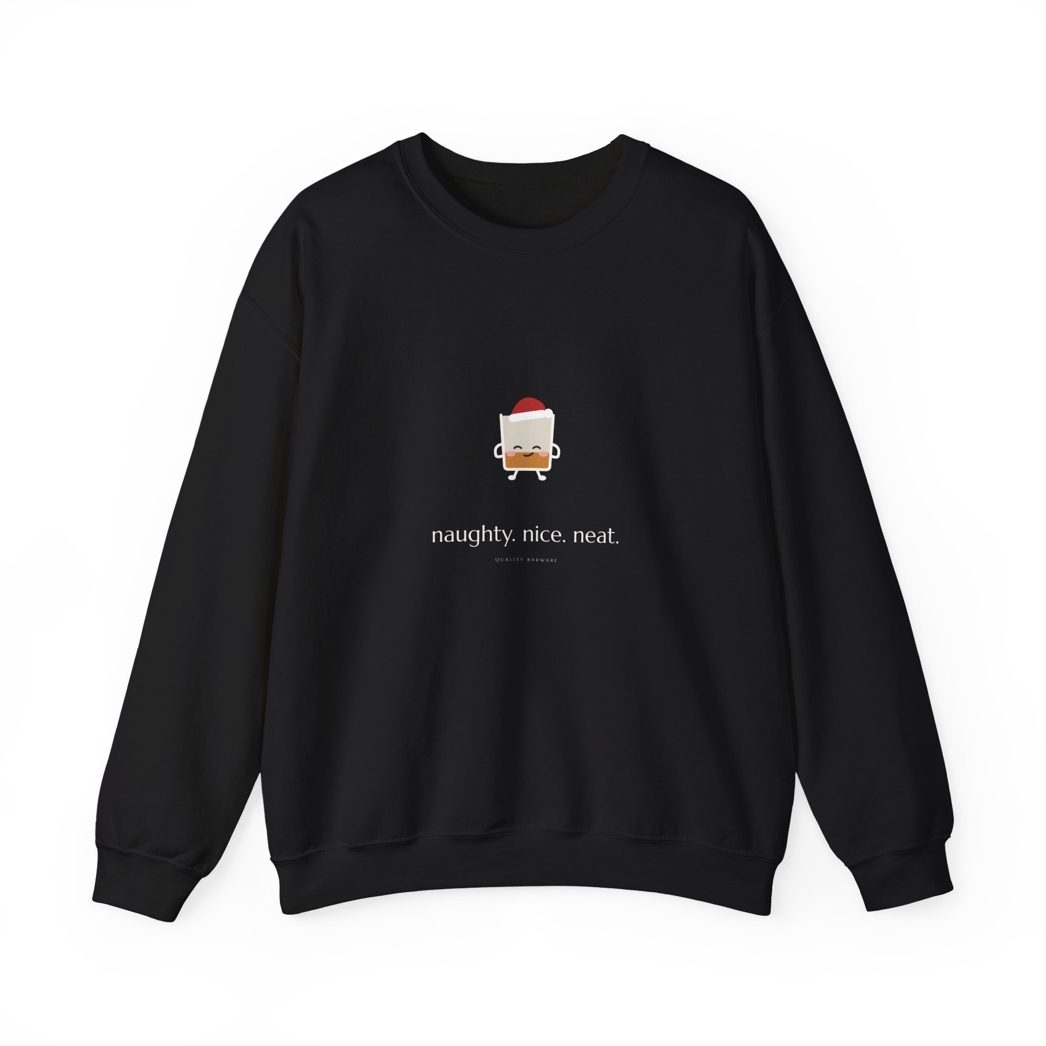 naughty. nice. neat. crewneck sweatshirt in Black, smirking rocks glass in a Santa hat, Lil Pours by Quality Barware