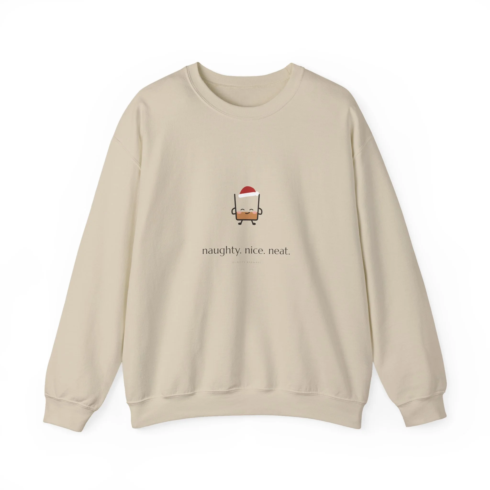 naughty. nice. neat. crewneck sweatshirt in Sand, smirking rocks glass in a Santa hat, Lil Pours by Quality Barware