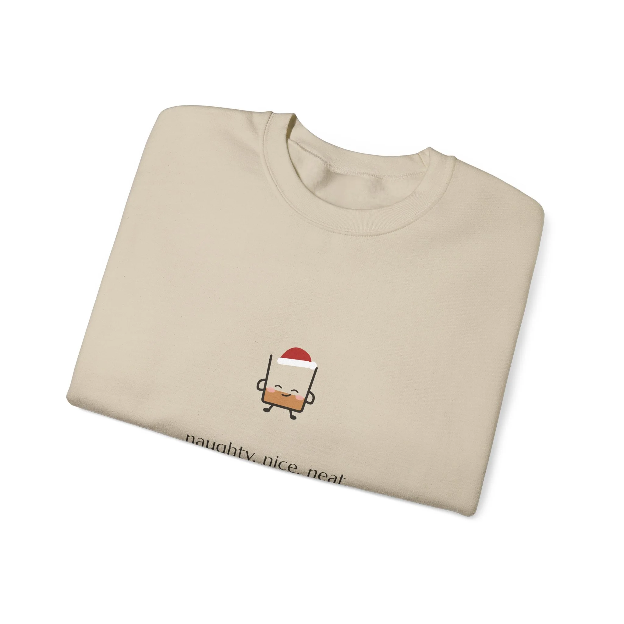 naughty. nice. neat. crewneck sweatshirt in Sand, collar label view