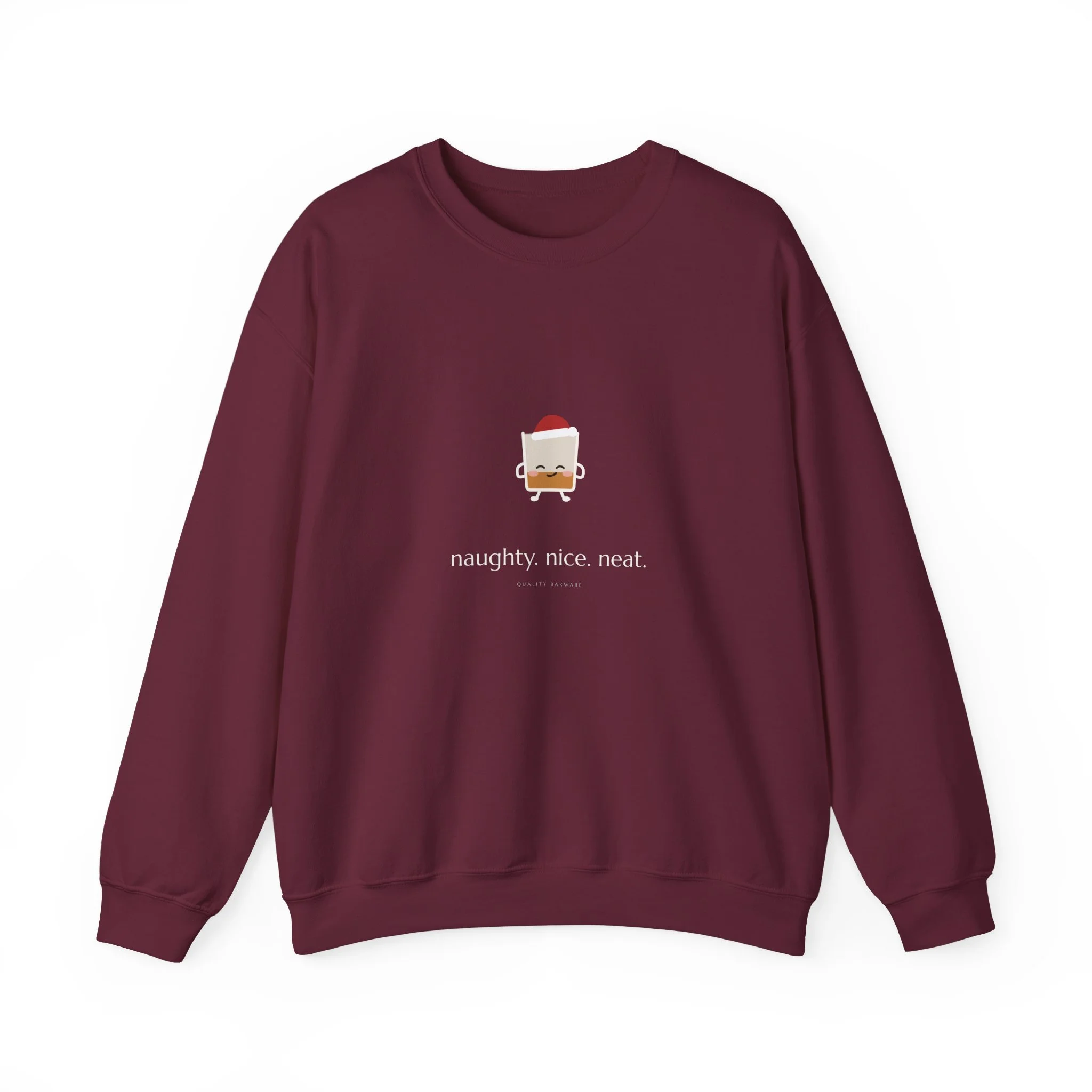naughty. nice. neat. crewneck sweatshirt in Maroon, smirking rocks glass in a Santa hat, Lil Pours by Quality Barware