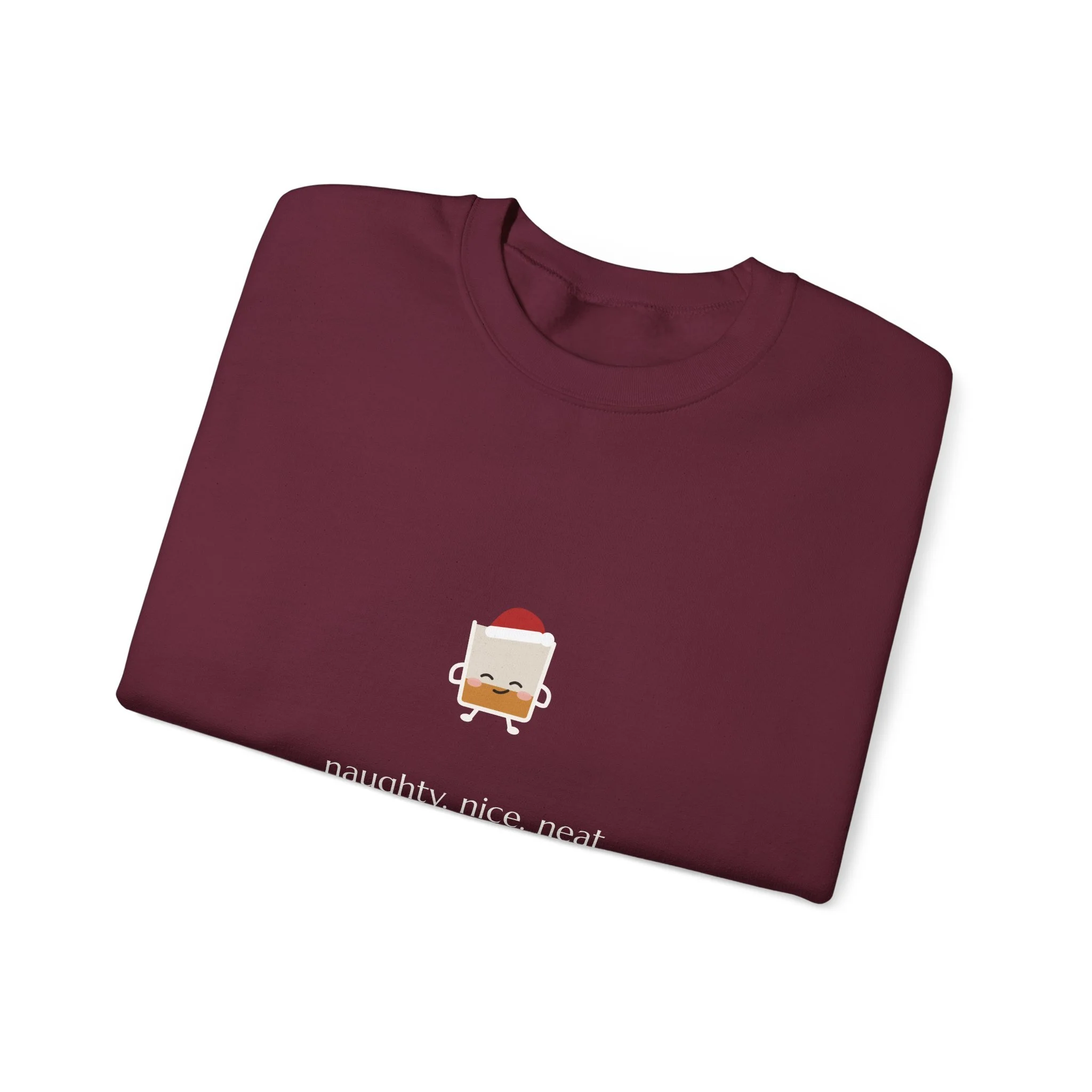 naughty. nice. neat. crewneck sweatshirt in Maroon, collar label view