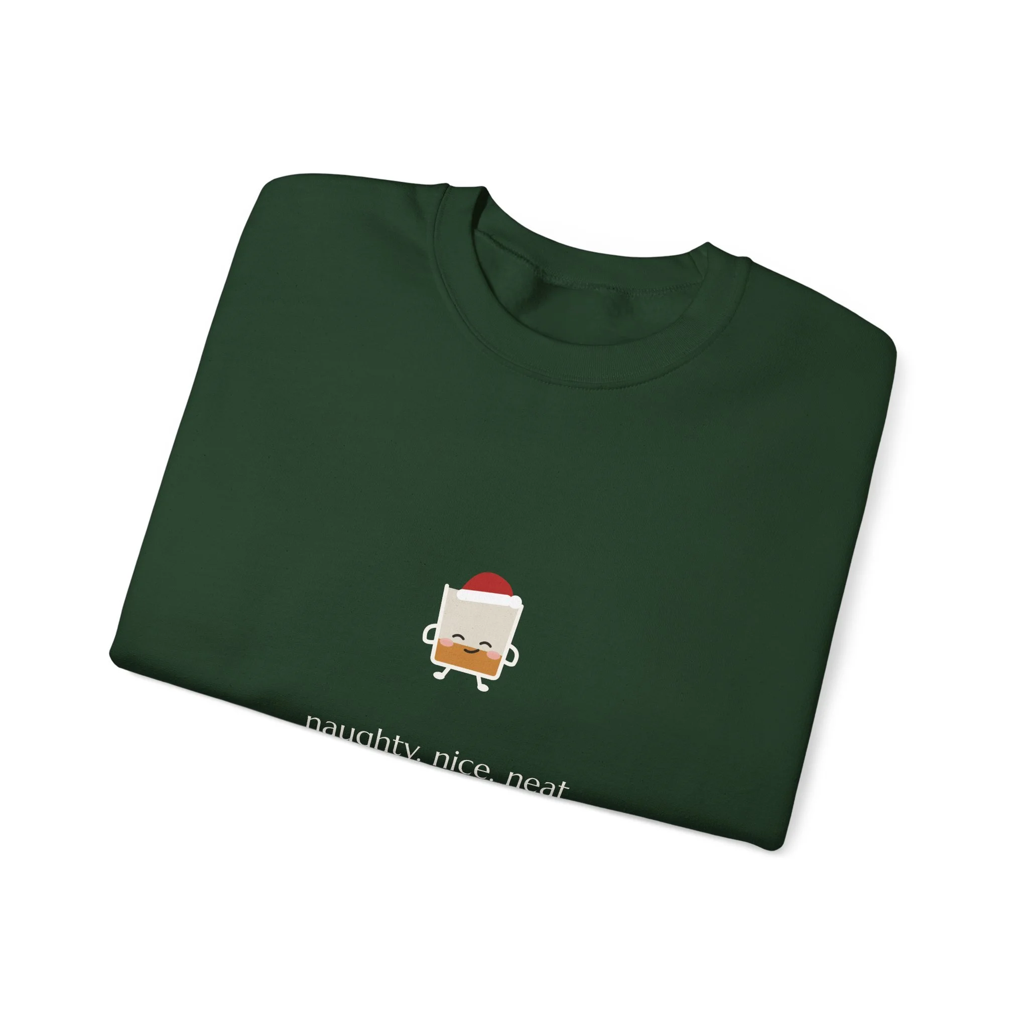 naughty. nice. neat. crewneck sweatshirt in Forest Green, collar label view
