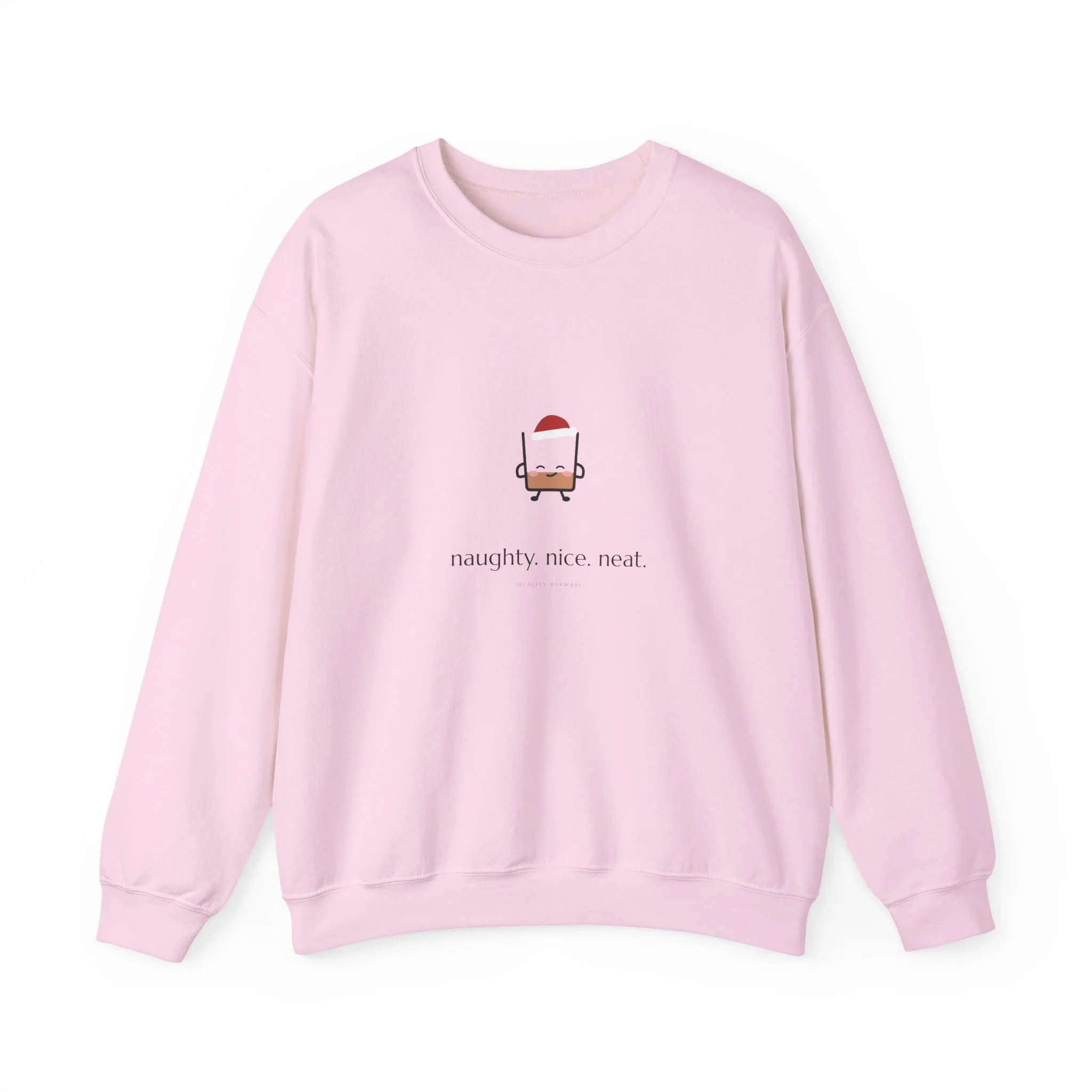 naughty. nice. neat. crewneck sweatshirt in Light Pink, smirking rocks glass in a Santa hat, Lil Pours by Quality Barware