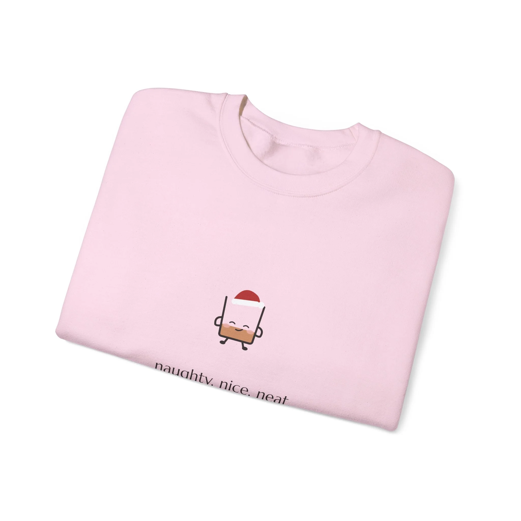 naughty. nice. neat. crewneck sweatshirt in Light Pink, collar label view