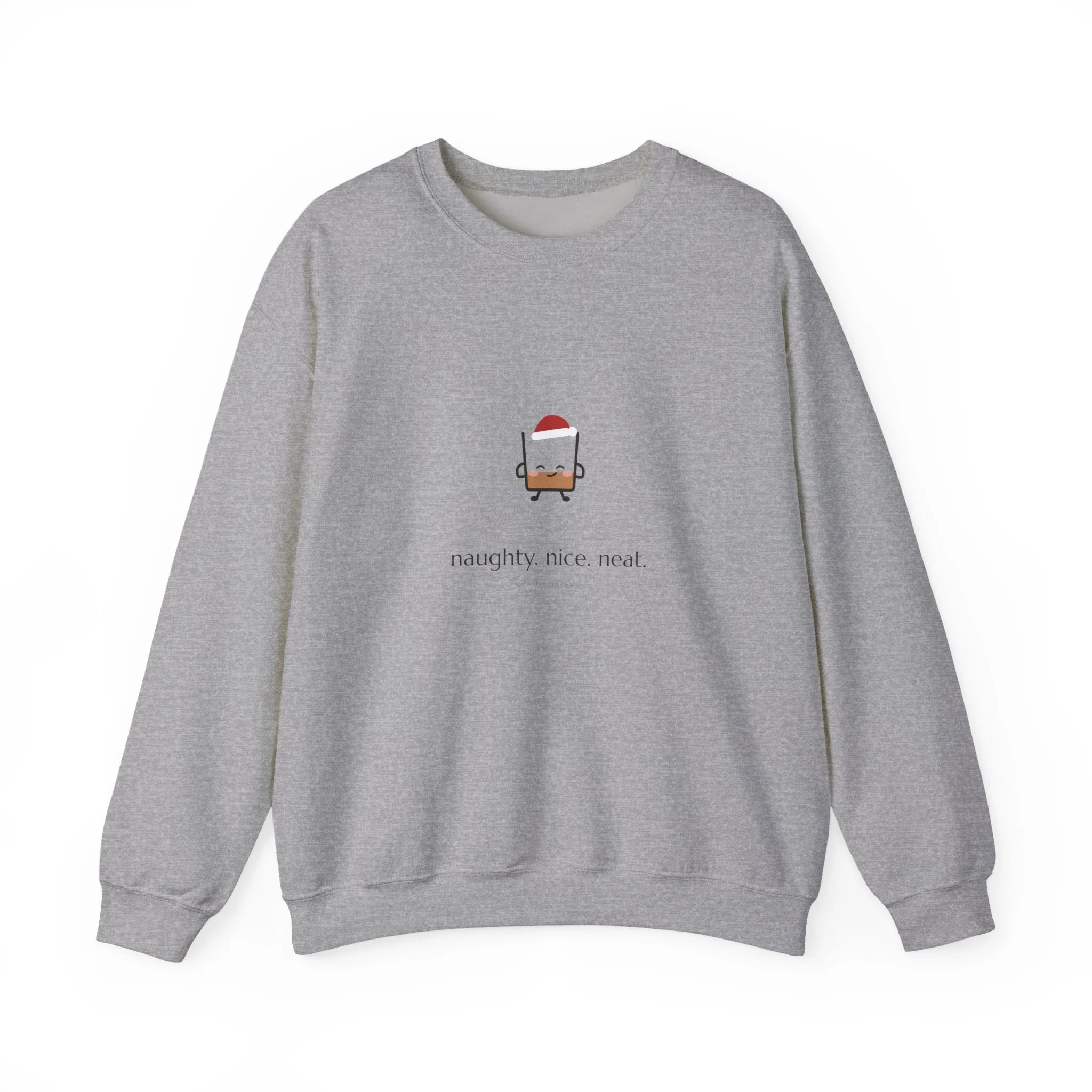 naughty. nice. neat. crewneck sweatshirt in Sport Grey, smirking rocks glass in a Santa hat, Lil Pours by Quality Barware