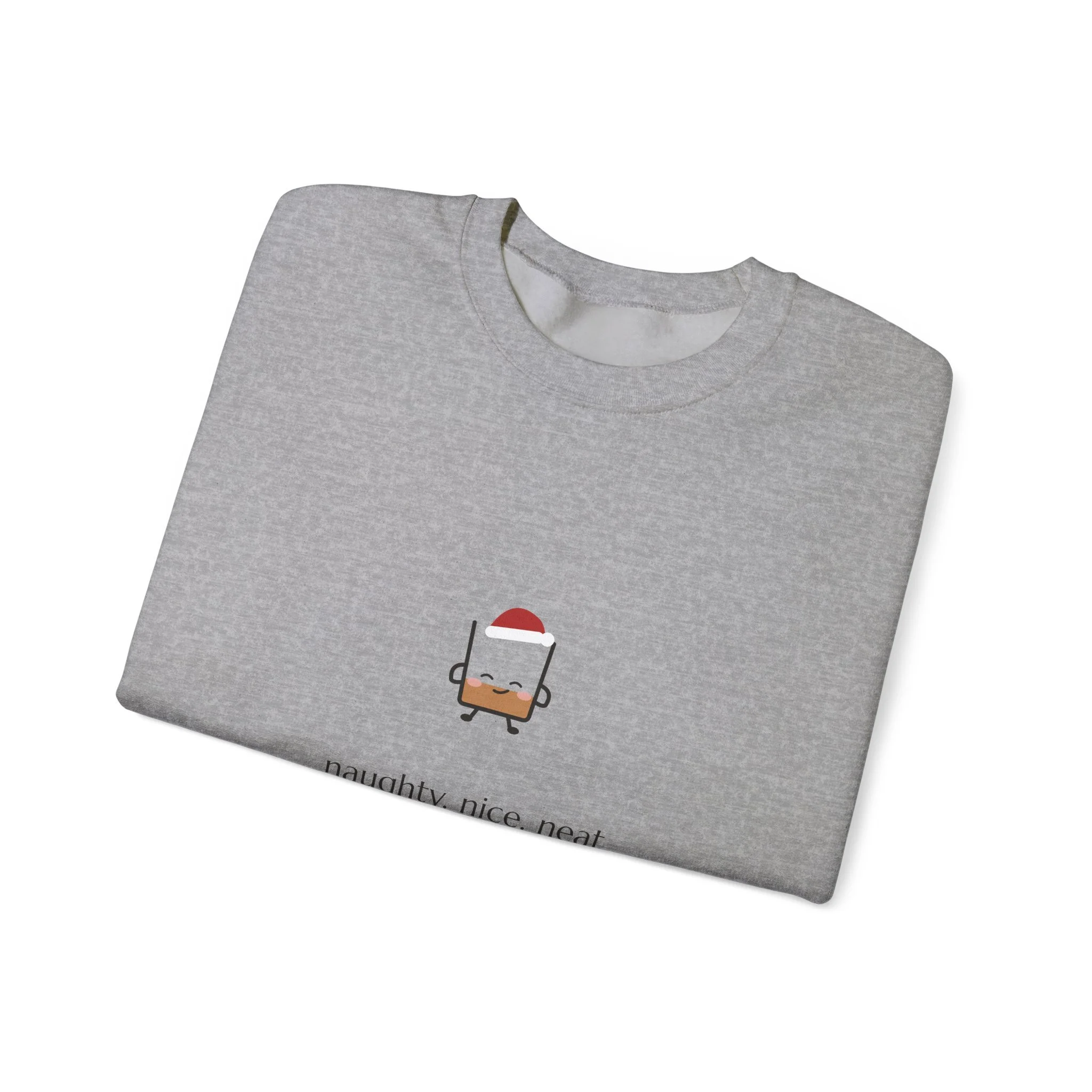 naughty. nice. neat. crewneck sweatshirt in Sport Grey, collar label view
