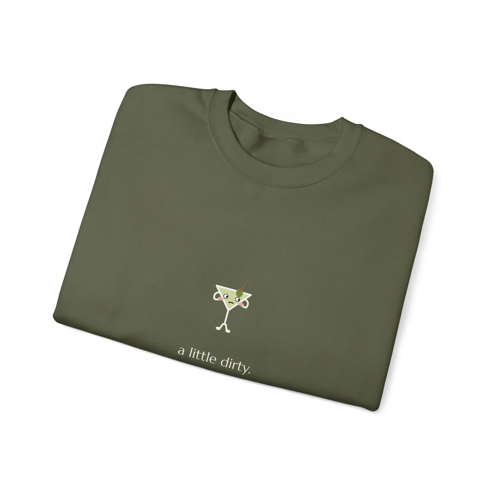 a little dirty. crewneck sweatshirt in Military Green, collar label view