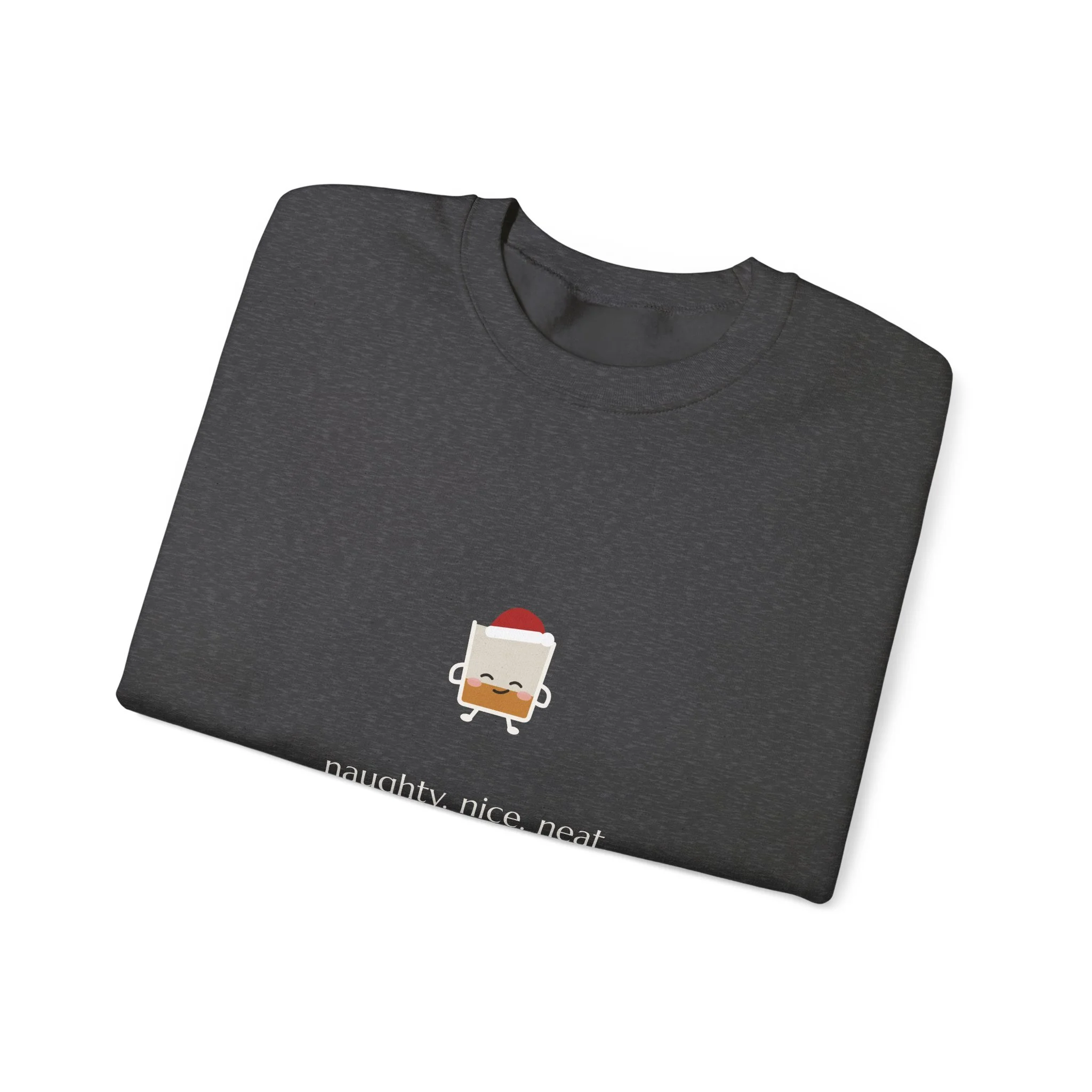 naughty. nice. neat. crewneck sweatshirt in Dark Heather, collar label view