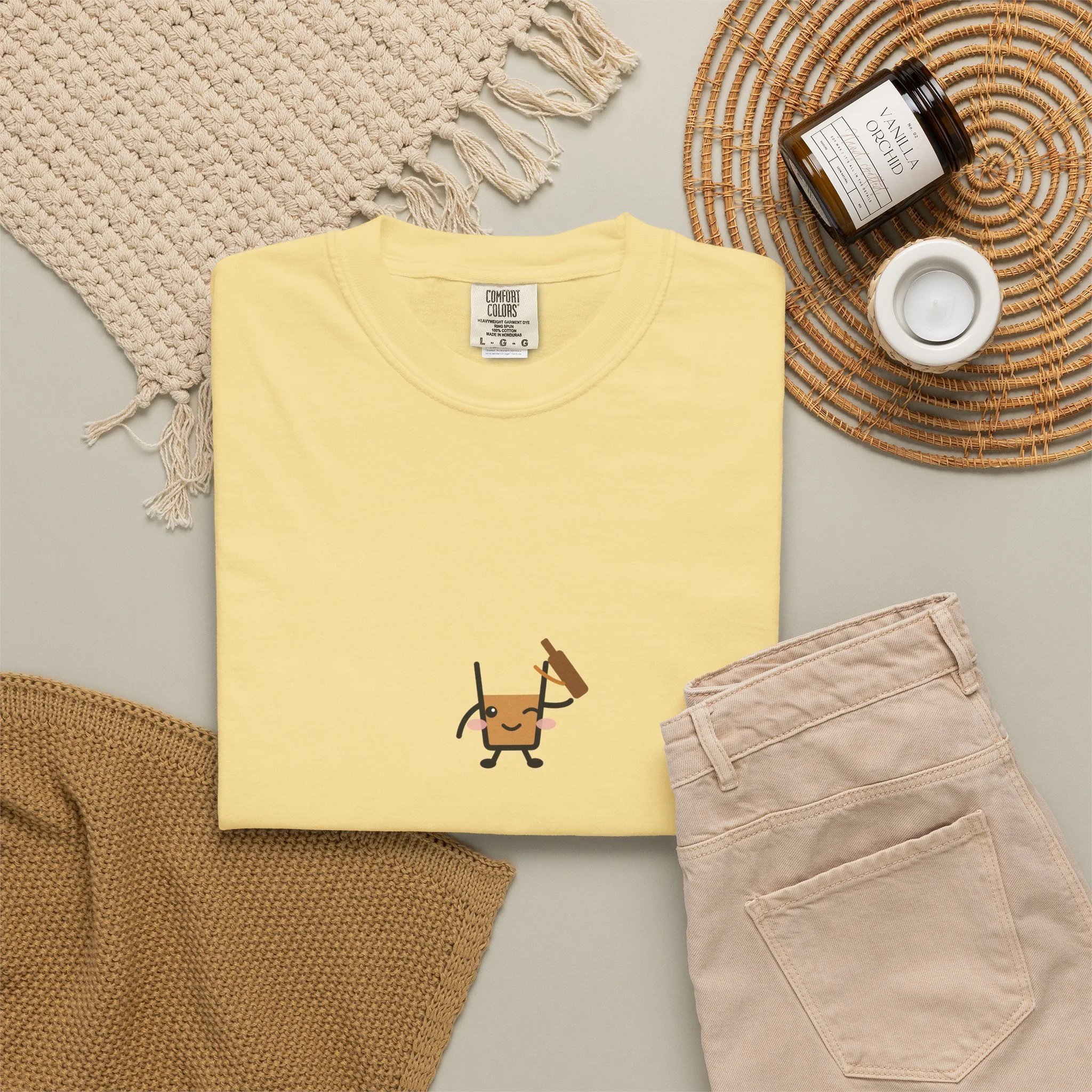 strong pour. weak boundaries. Comfort Colors tee in Butter, detail view