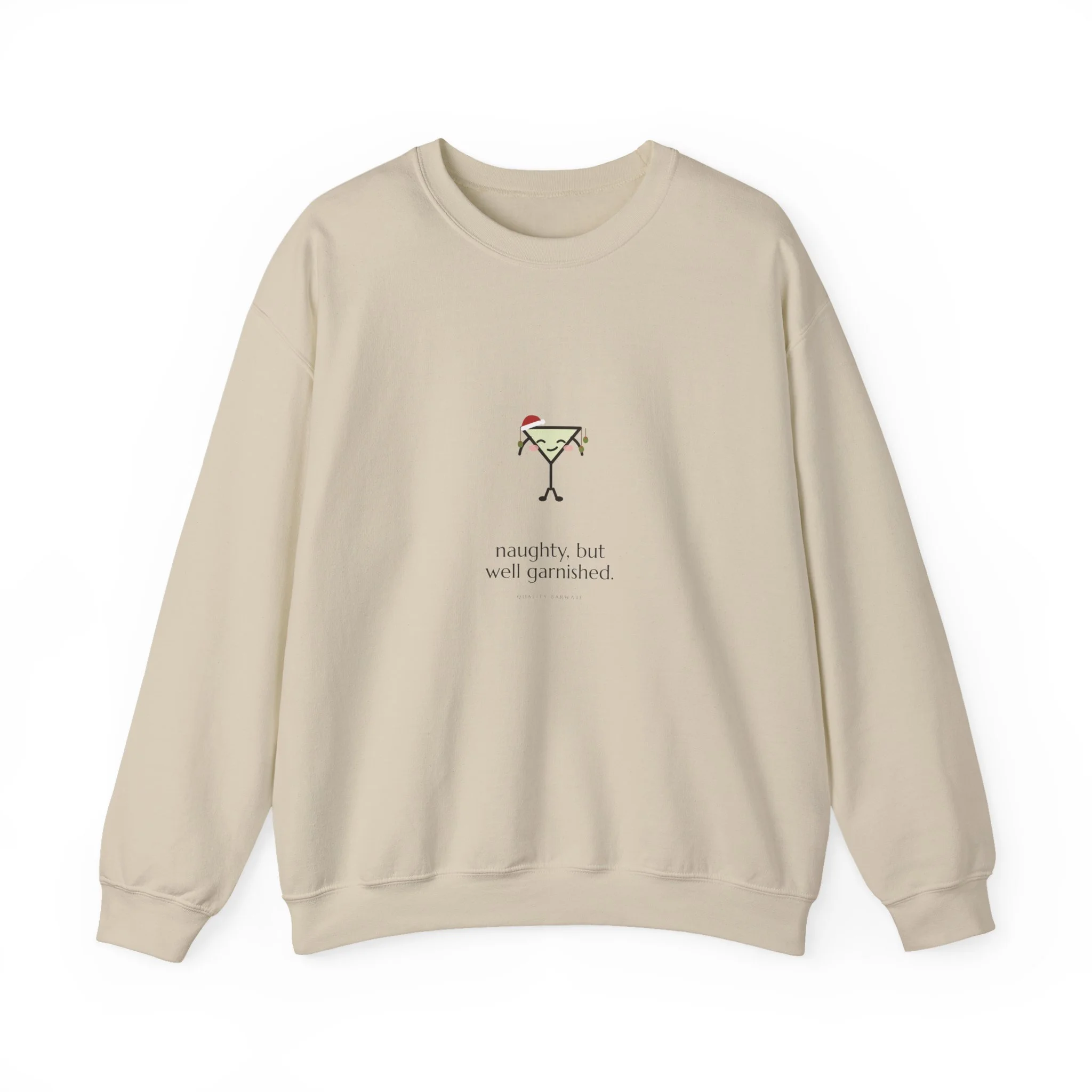naughty, but well garnished. crewneck sweatshirt in Sand, martini in a Santa hat with olives hung like ornaments, Lil Pours by Quality Barware