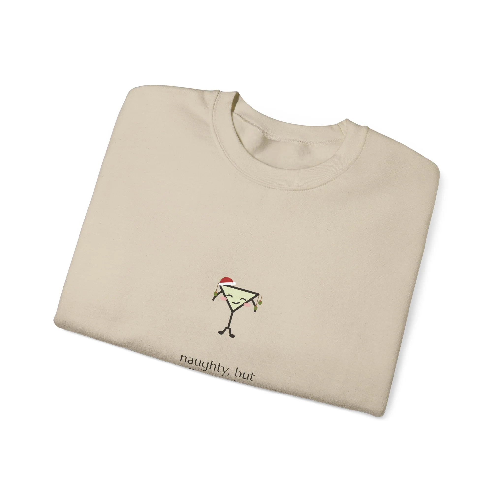 naughty, but well garnished. crewneck sweatshirt in Sand, collar label view