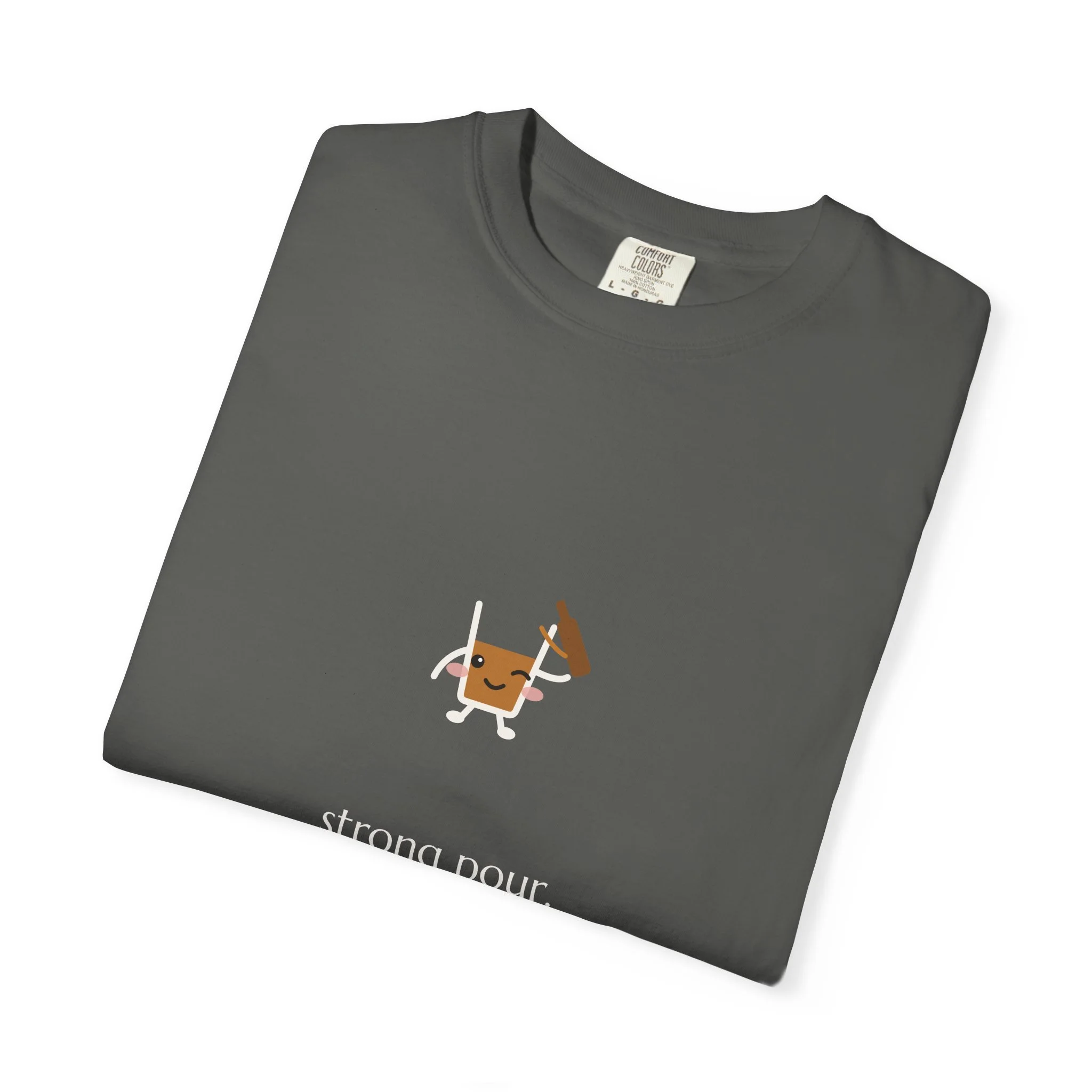 strong pour. weak boundaries. Comfort Colors tee in Pepper, detail view