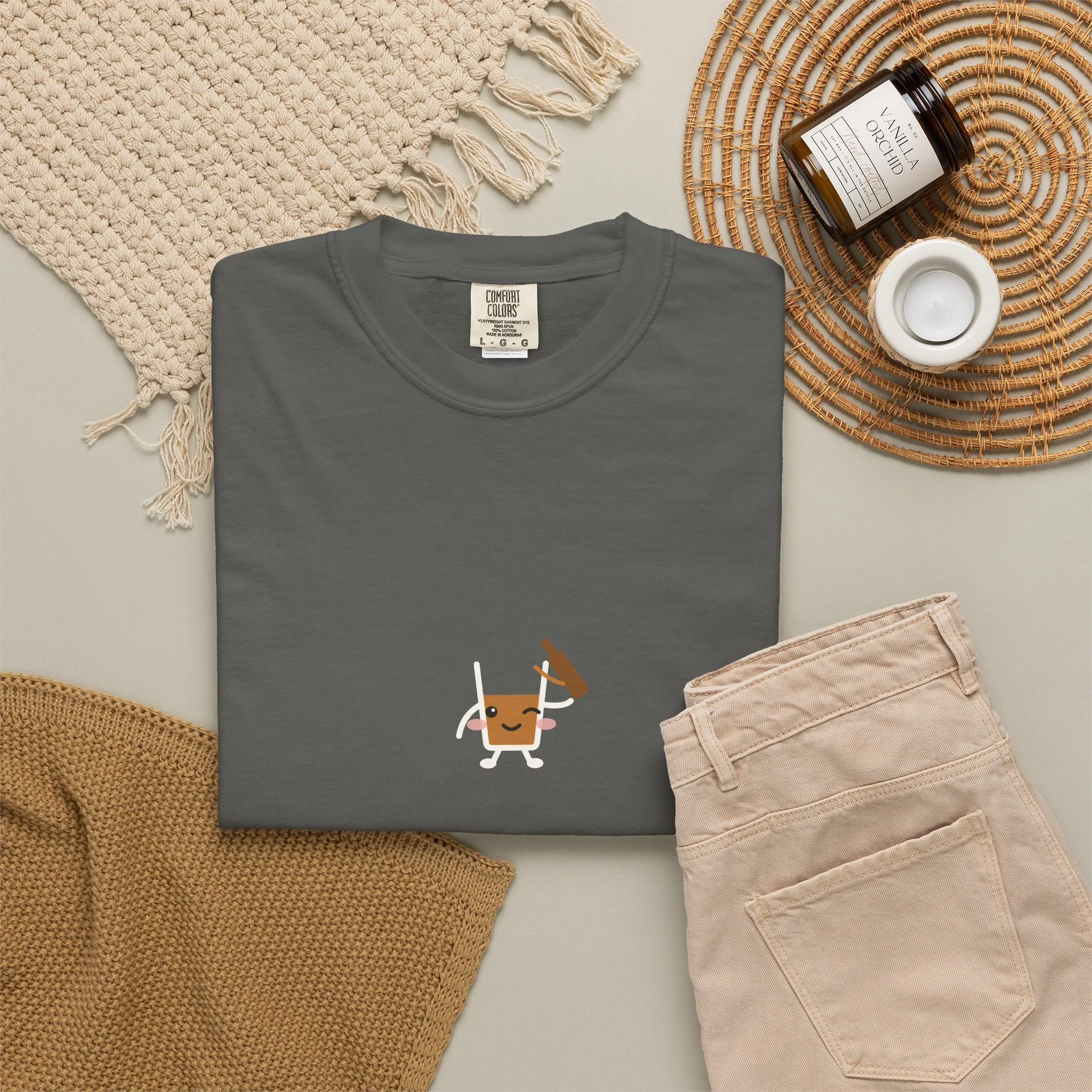 strong pour. weak boundaries. Comfort Colors tee in Pepper, detail view