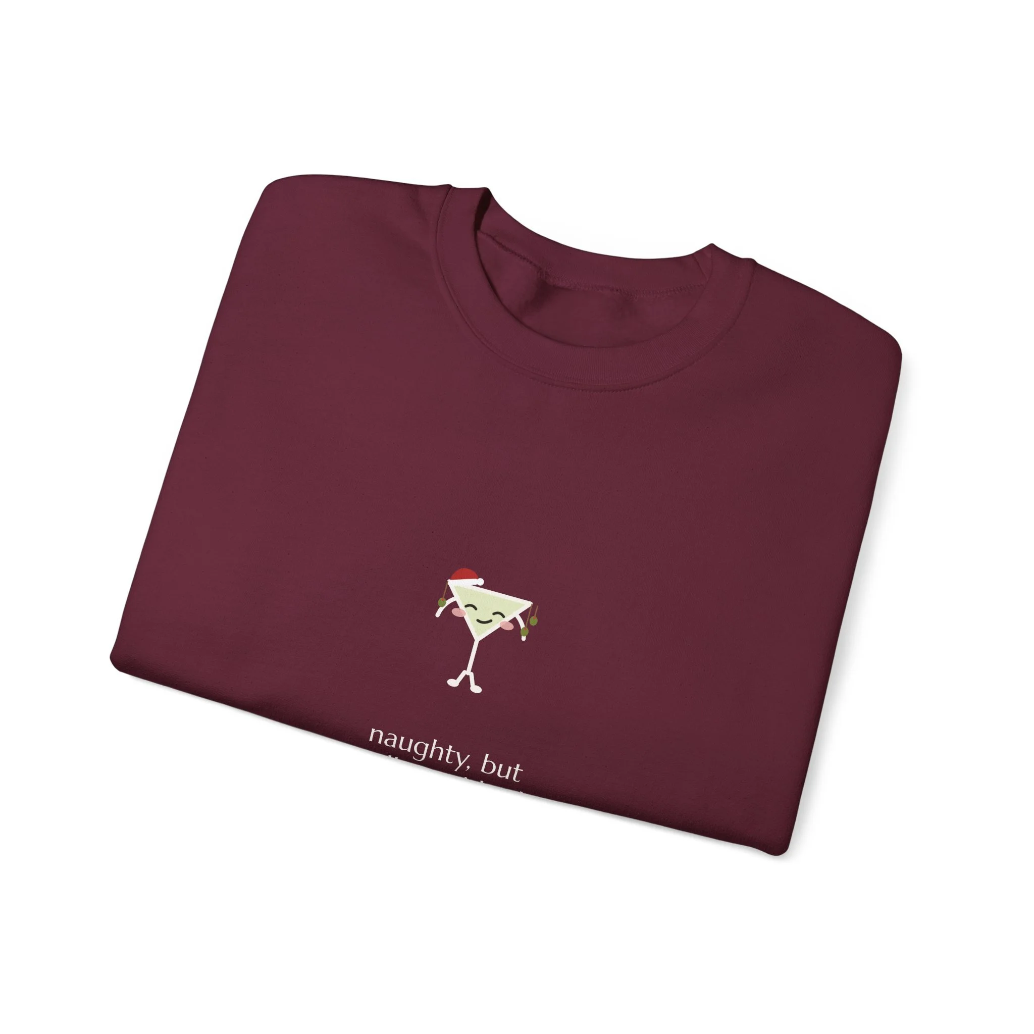 naughty, but well garnished. crewneck sweatshirt in Maroon, collar label view