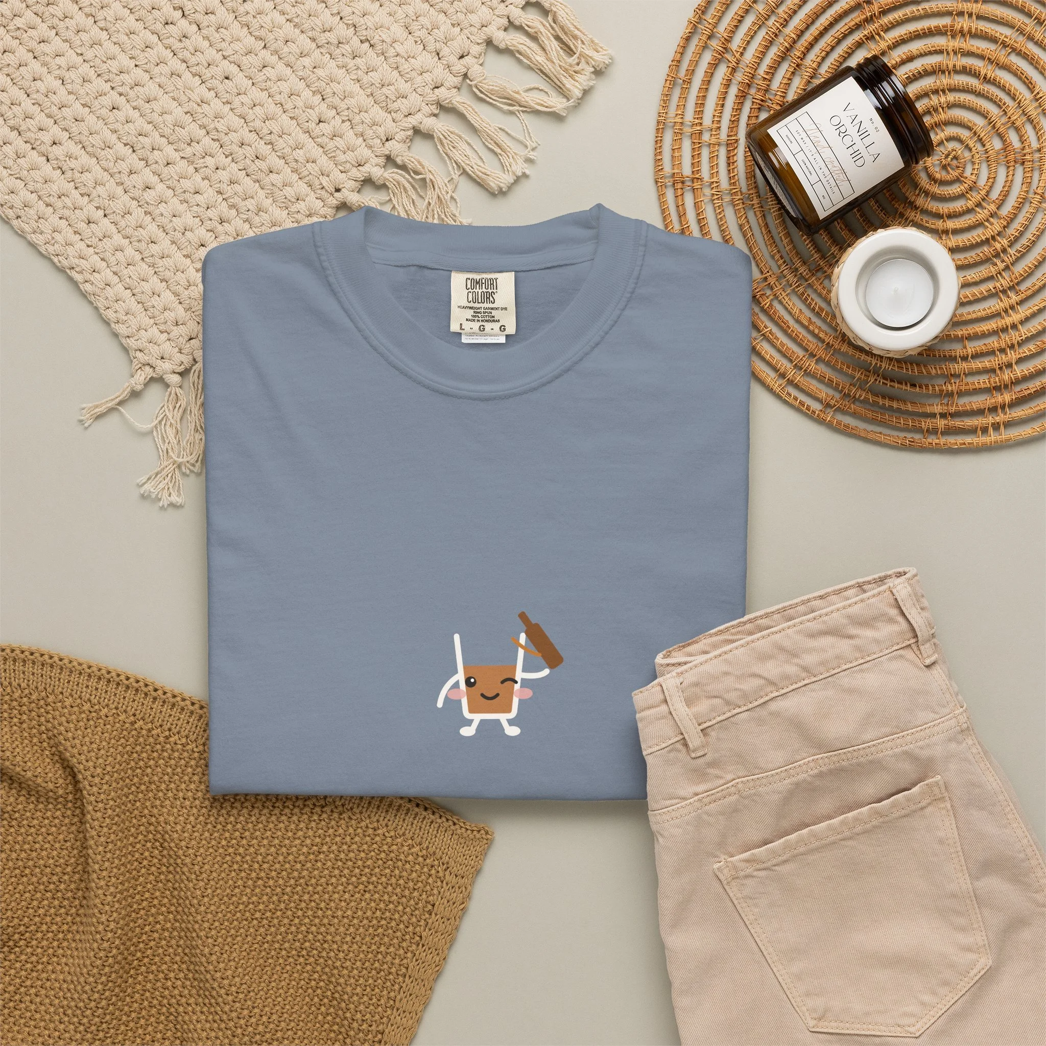 strong pour. weak boundaries. Comfort Colors tee in Blue Jean, detail view