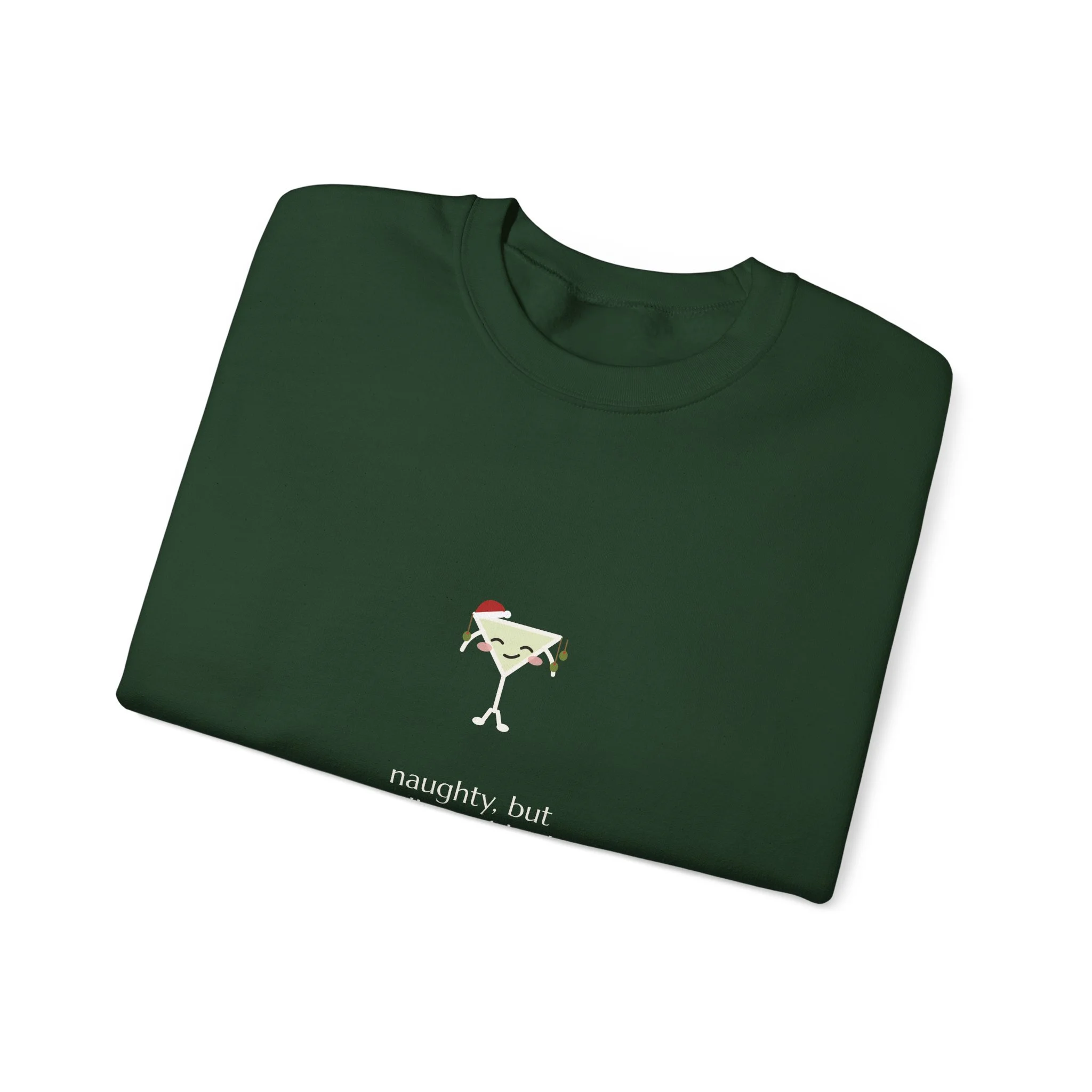 naughty, but well garnished. crewneck sweatshirt in Forest Green, collar label view