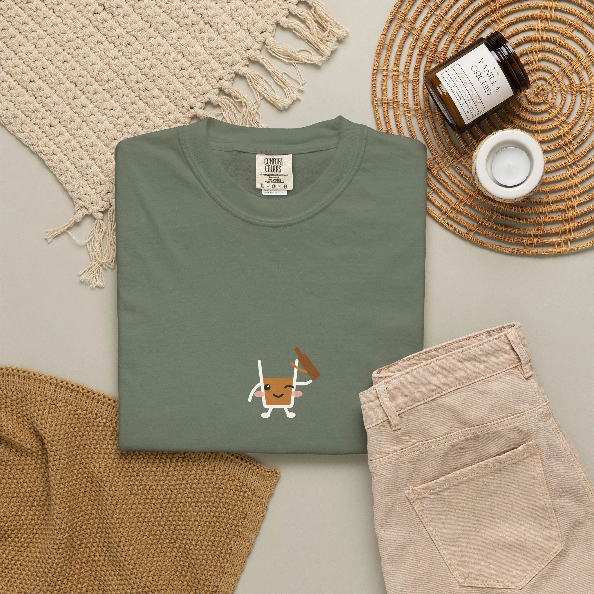 strong pour. weak boundaries. Comfort Colors tee in Moss, detail view