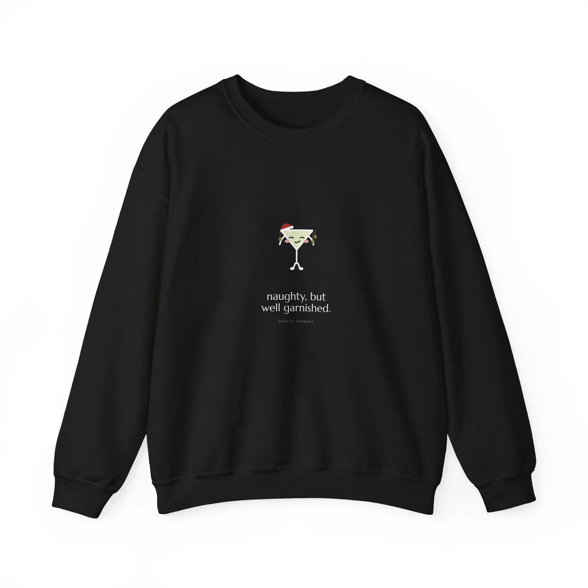 naughty, but well garnished. crewneck sweatshirt in Black, martini in a Santa hat with olives hung like ornaments, Lil Pours by Quality Barware