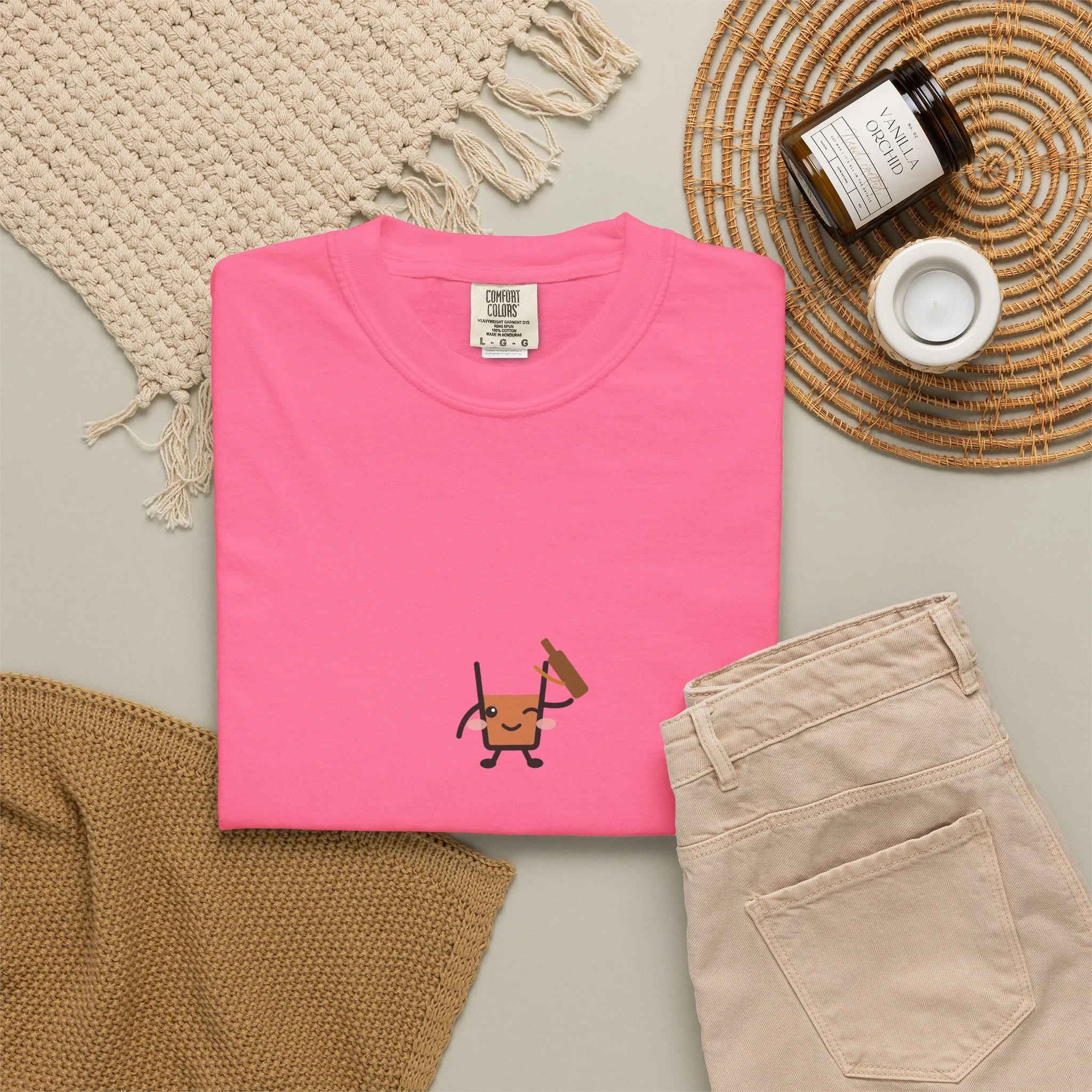 strong pour. weak boundaries. Comfort Colors tee in Crunchberry, detail view
