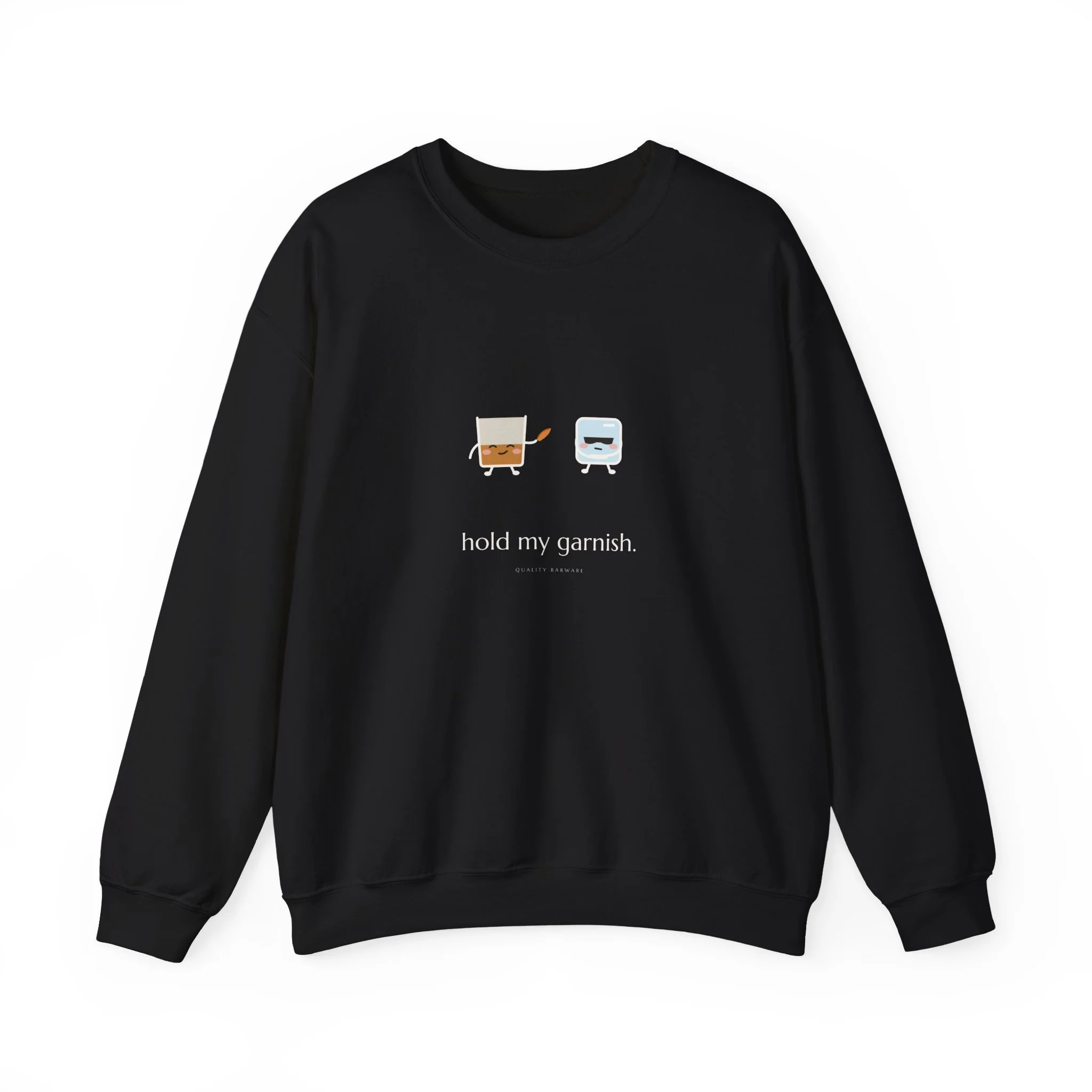 hold my garnish. crewneck sweatshirt in Black, rocks glass handing an orange peel to an ice cube bodyguard, Lil Pours by Quality Barware