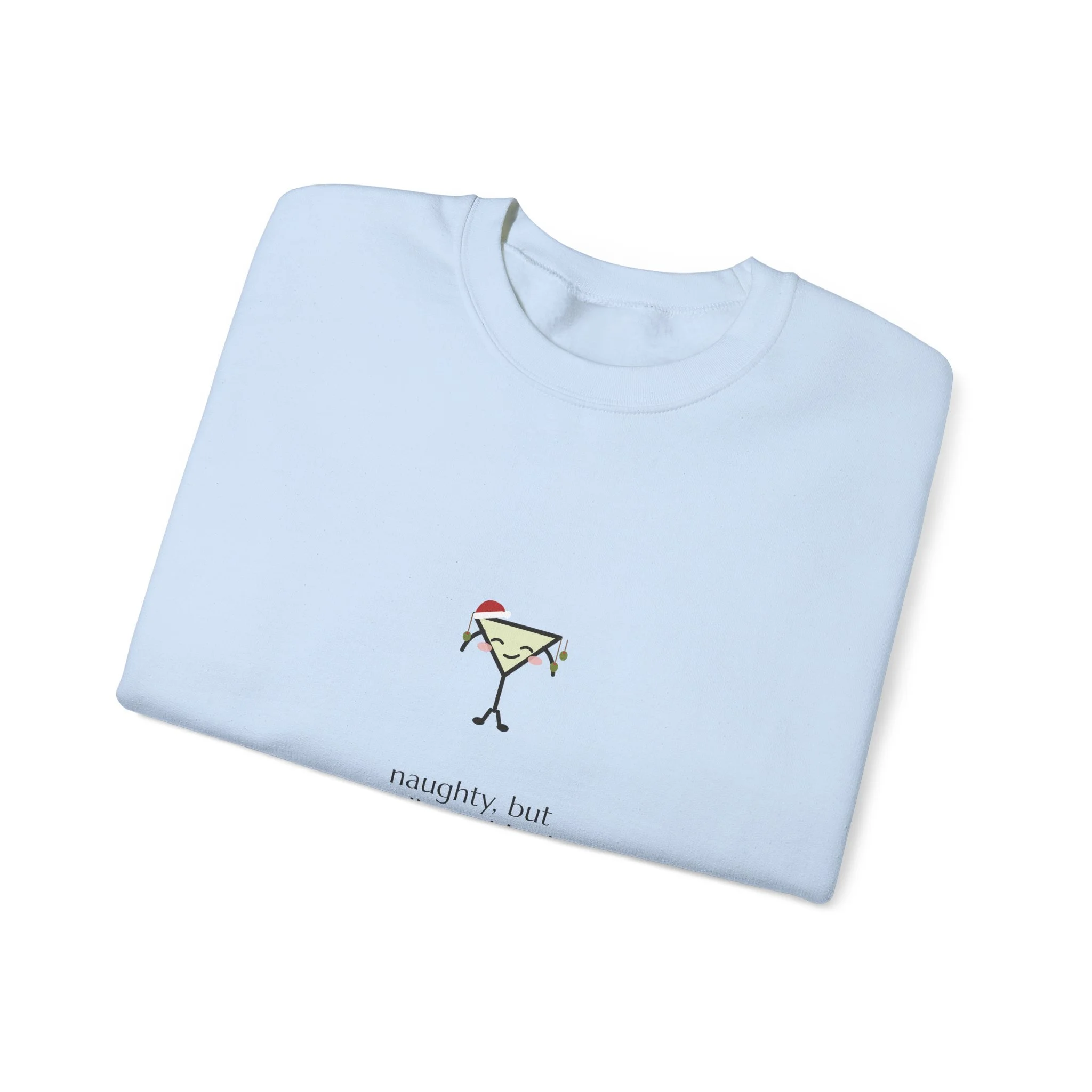 naughty, but well garnished. crewneck sweatshirt in Light Blue, collar label view