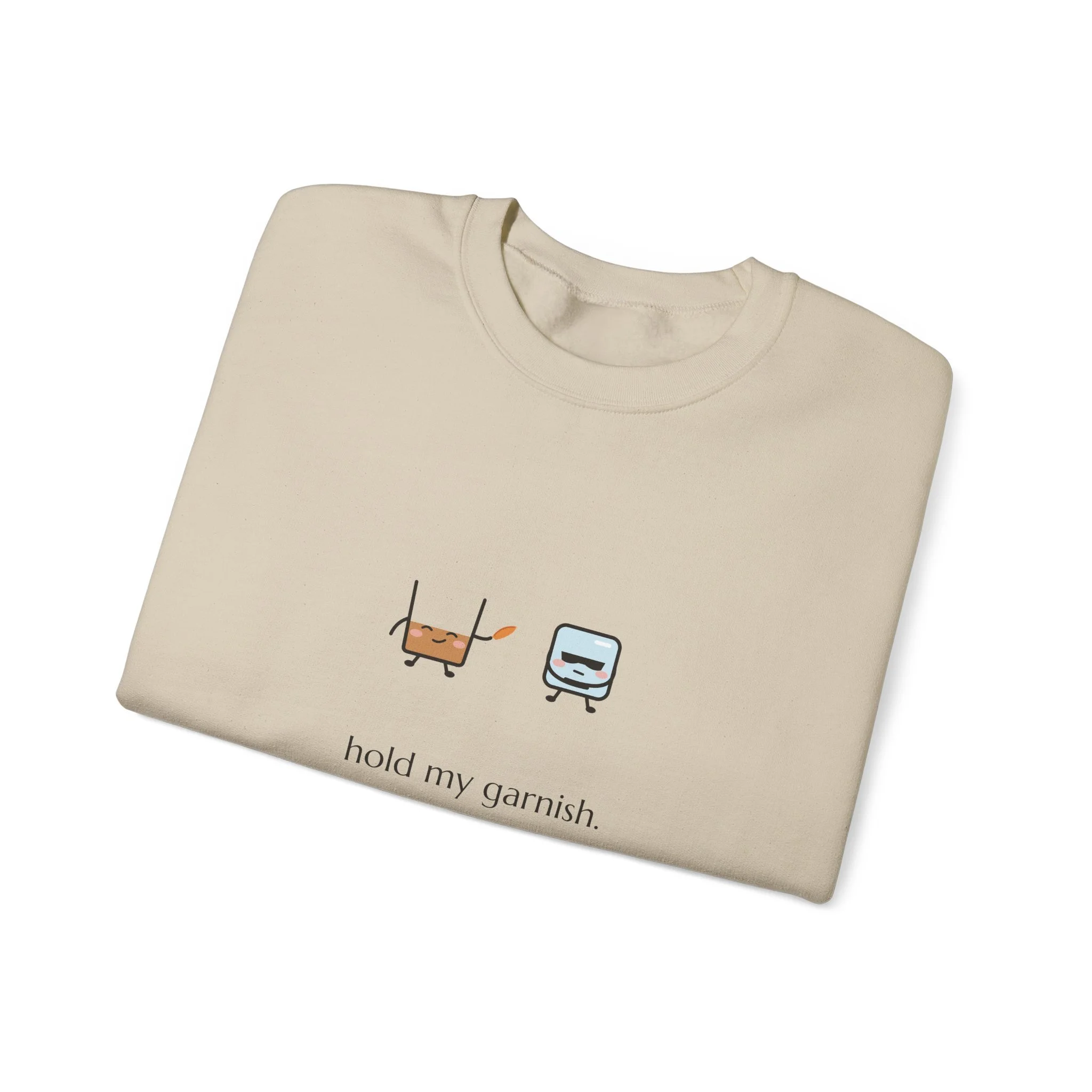 hold my garnish. crewneck sweatshirt in Sand, collar label view