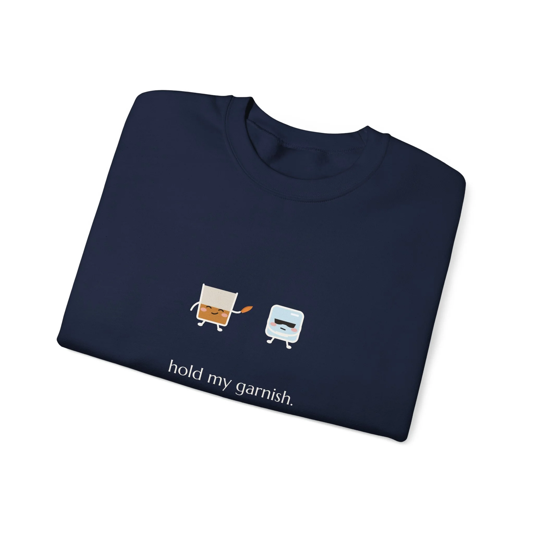 hold my garnish. crewneck sweatshirt in Navy, collar label view