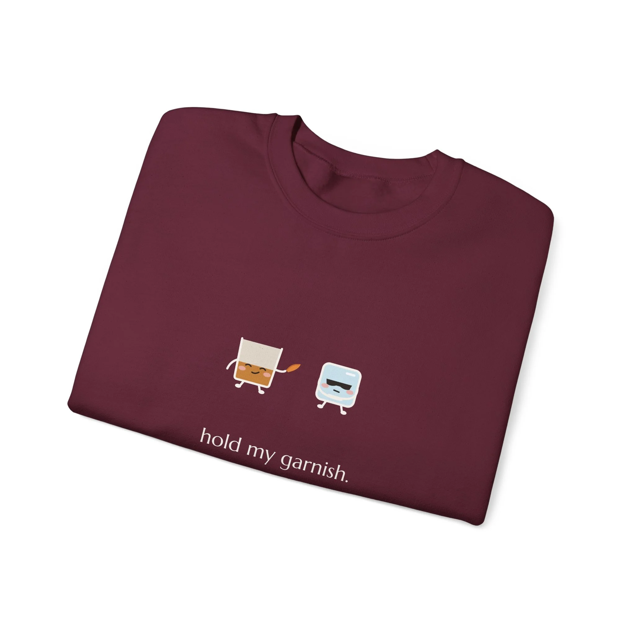 hold my garnish. crewneck sweatshirt in Maroon, collar label view